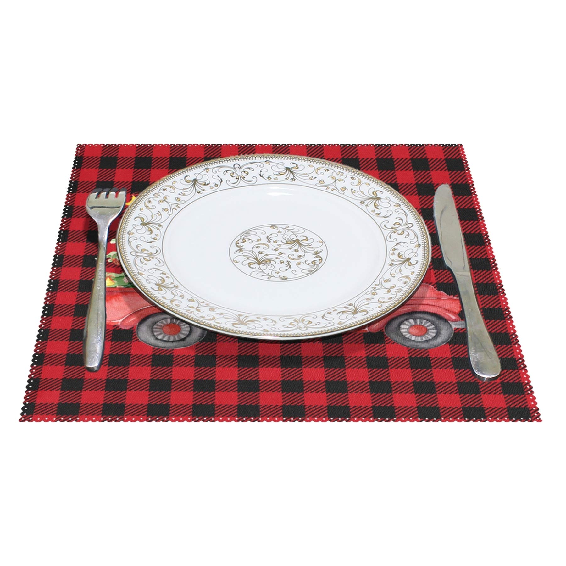 Christmas Tree Truck Square Placemats Set of 4 - Buffalo Plaid Heat Resistant Washable Table Mats for Dining & Kitchen - Perfect for Holiday Decorations, Family Gatherings & Everyday Use