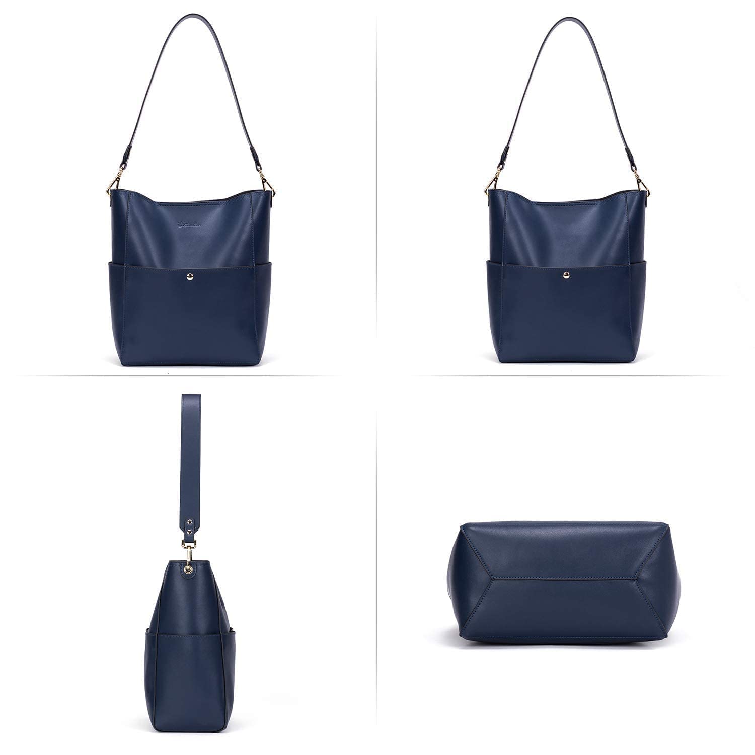 BOSTANTEN Women's Leather Designer Handbag Tote Purse Shoulder Bucket Bag in Navy Blue with RFID Blocking Zipper Pocket - Includes Small Bifold Leather Wallet Card Case - Perfect for Work, Travel and Everyday Use
