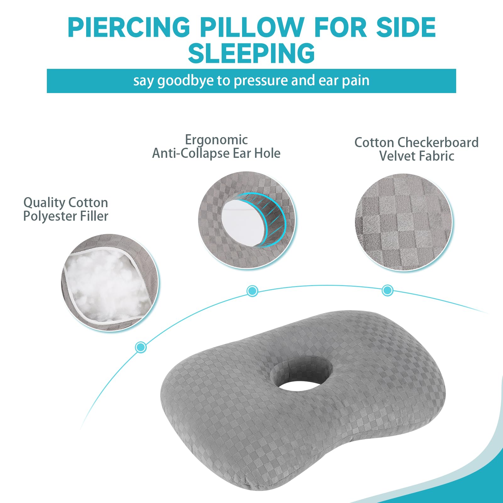 **Ear Piercing Pillow with Hole - Soft Cotton & Polyester Side Sleeping Pillow for CNH, Ear Pain & Inflammation Relief - Pressure Sore Prevention for Side Sleepers - Light Grey (Perfect for Post-Piercing Care & Comfortable Sleep)**