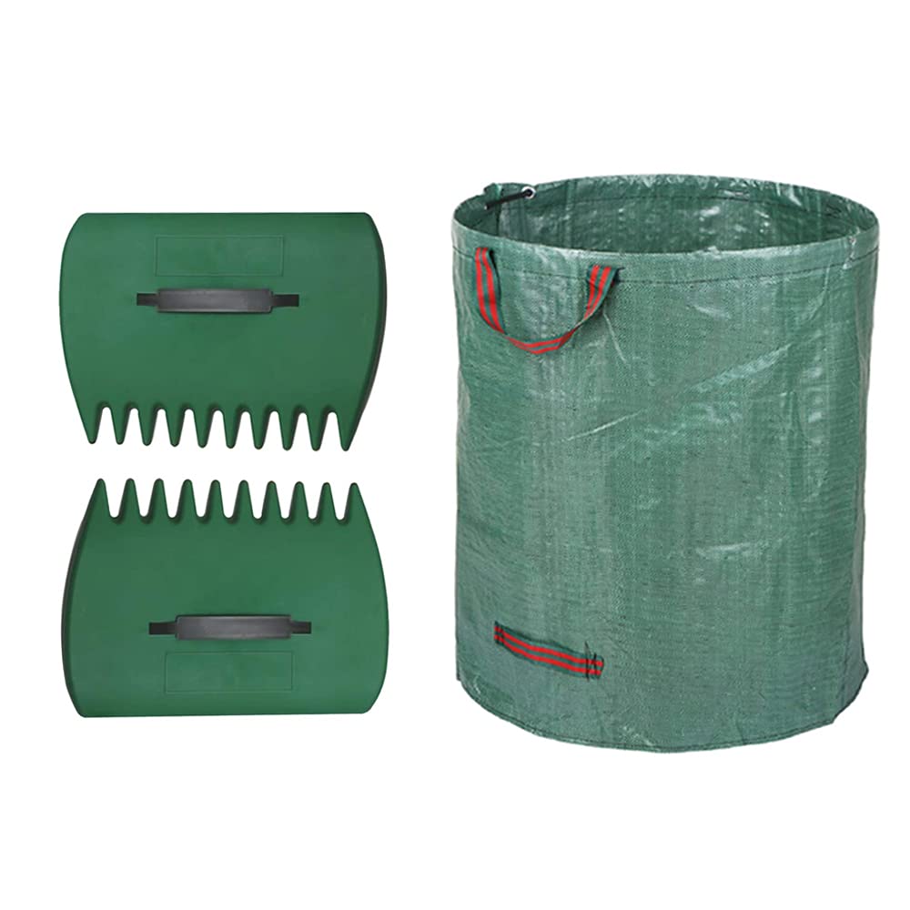 CFH-ALLEZ 1 Pair Heavy Duty Lawn Claws for Gardening - Leaf Rake Scoop & Garden Waste Collector with 72 Gallon Reusable Trash Bags (Green) - Perfect for Yard Cleaning, Fall Leaf Collection, and Outdoor Waste Management