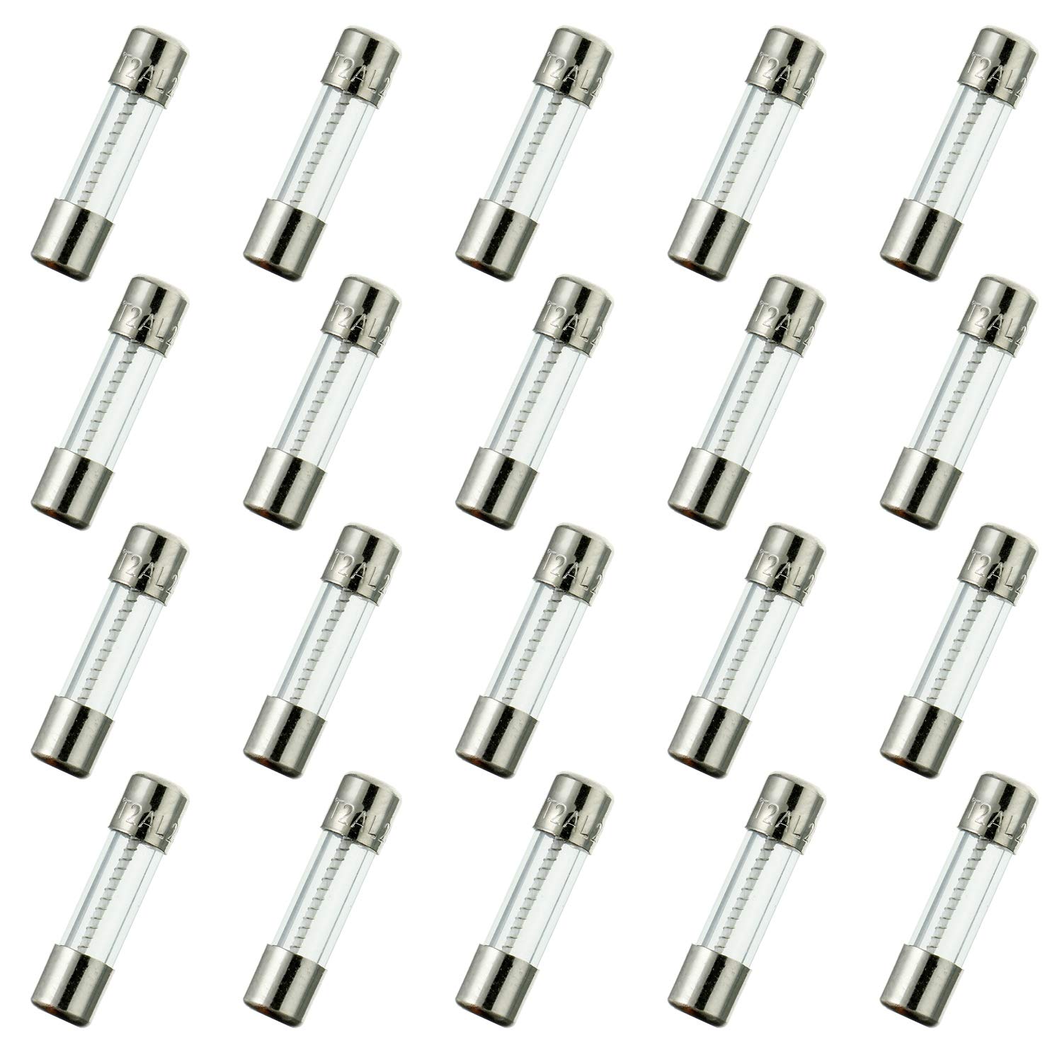 2A 250V Slow Blow Glass Fuse 5x20mm (20 Pcs) - Time Delay Fuse for Electronics, Appliances & Power Supplies - Replacement Fuses for Home, Office & Industrial Use