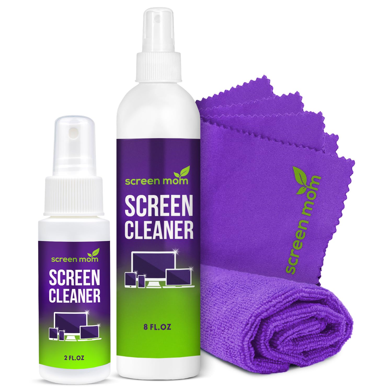 Screen Mom Screen Cleaner Spray Kit - 8oz & 2oz with 4 Microfiber Cloths | Safe for Eyeglasses, Monitors, Electronics & Car Screens | Streak-Free Cleaning for Phones, Laptops, TVs & More
