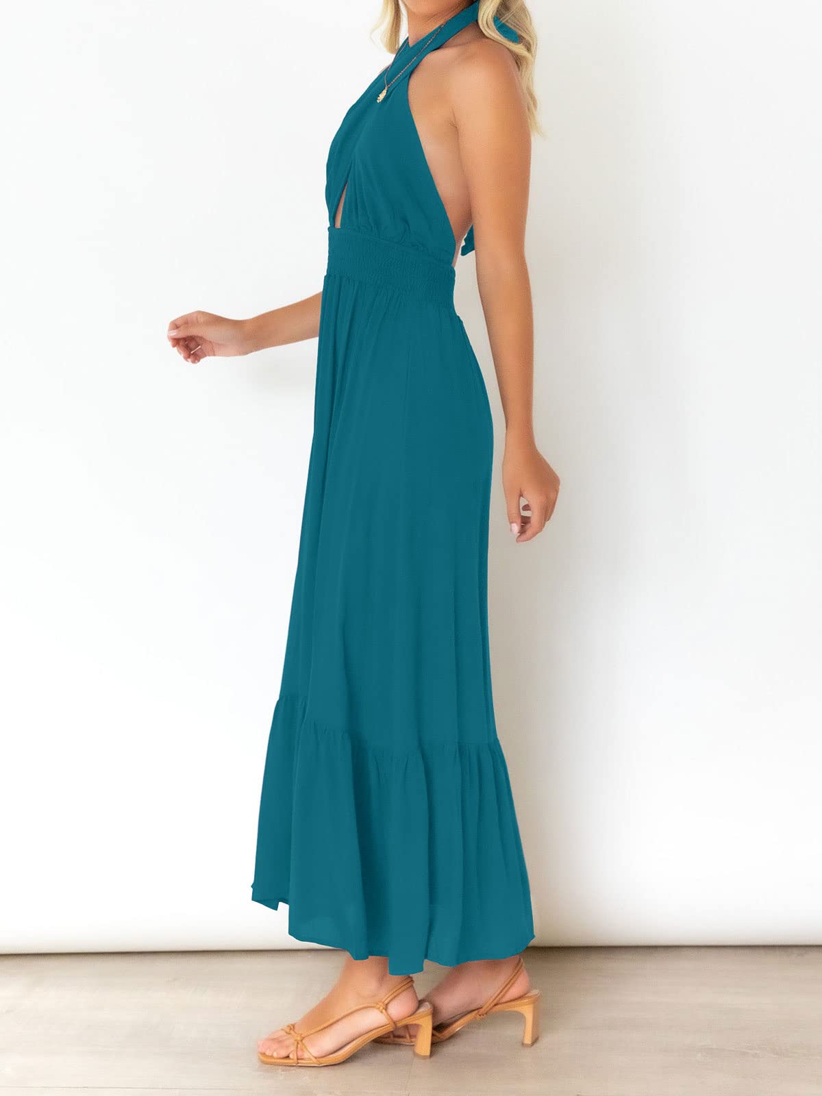 ZESICA Women's Summer 2025 Halter Neck Sleeveless Plaid Maxi Dress with Cut Out Back - Flowy A-Line Beach Dress for Vacation, Party & Date Night