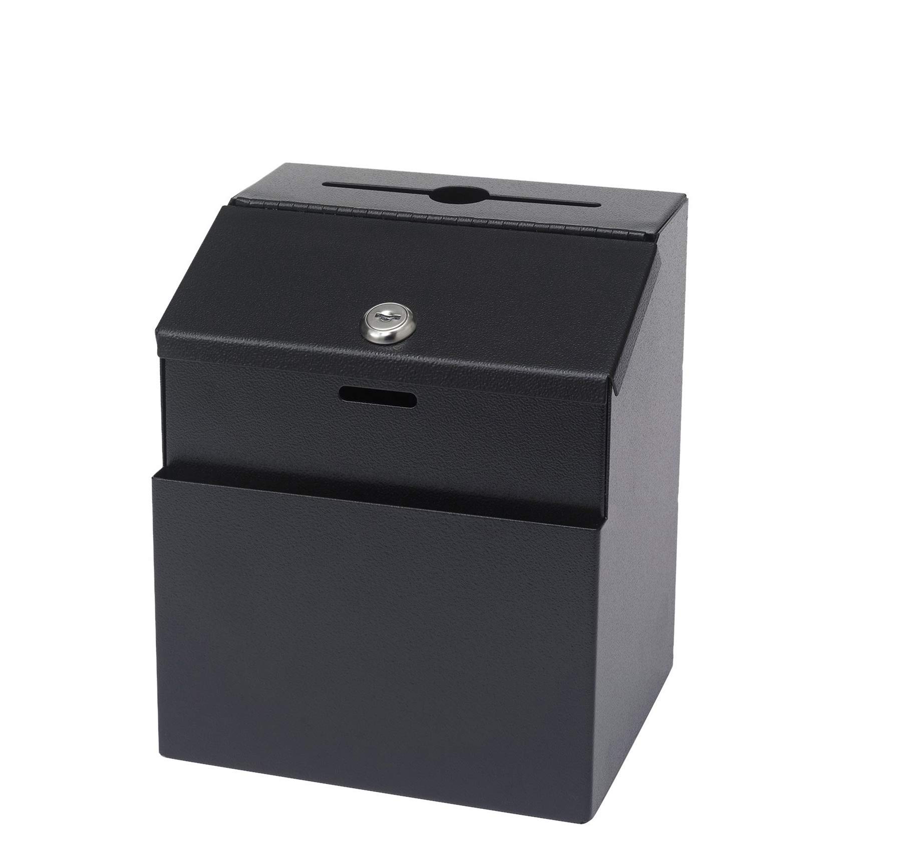 Black Metal Donation Box with Key Lock - Charity Fundraising Collection Box for Church, Office & Hotel - Secure Cash, Check, Business Card, Mail & Ballot Drop Box - Ideal for Tithing, Prayer Feedback & Rent Collection