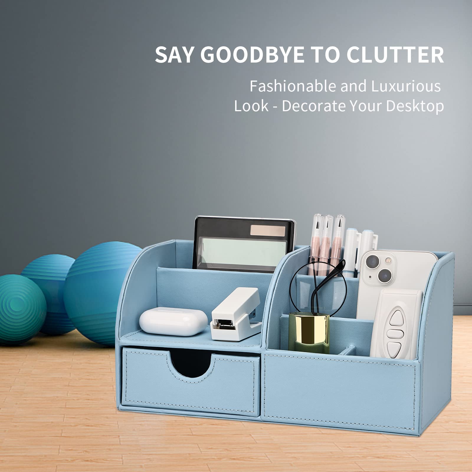 Premium PU Leather Desk Organizer - 6 Compartment Pen & Pencil Holder with Drawer - Office Supplies Storage Box for Home & Office (Blue) - Perfect for Desk Organization, School Supplies & Workspace Accessories