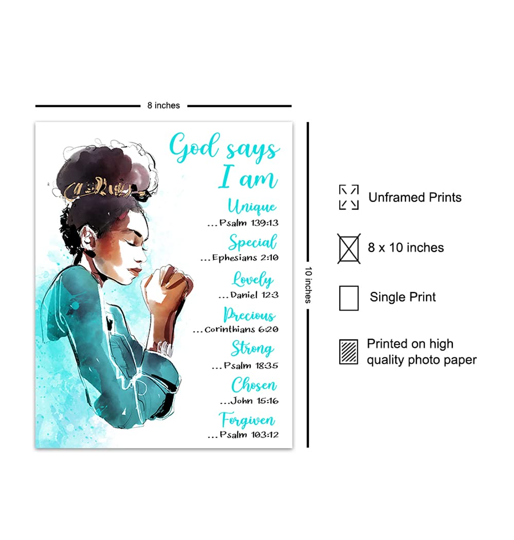 Inspirational Bible Verse Wall Art for African American Women - God Says You Are - Motivational Christian Scripture Decor - Religious Gift for Black Girls Bedroom - Blue 8x10 - Perfect for Home, Office & Church Decor