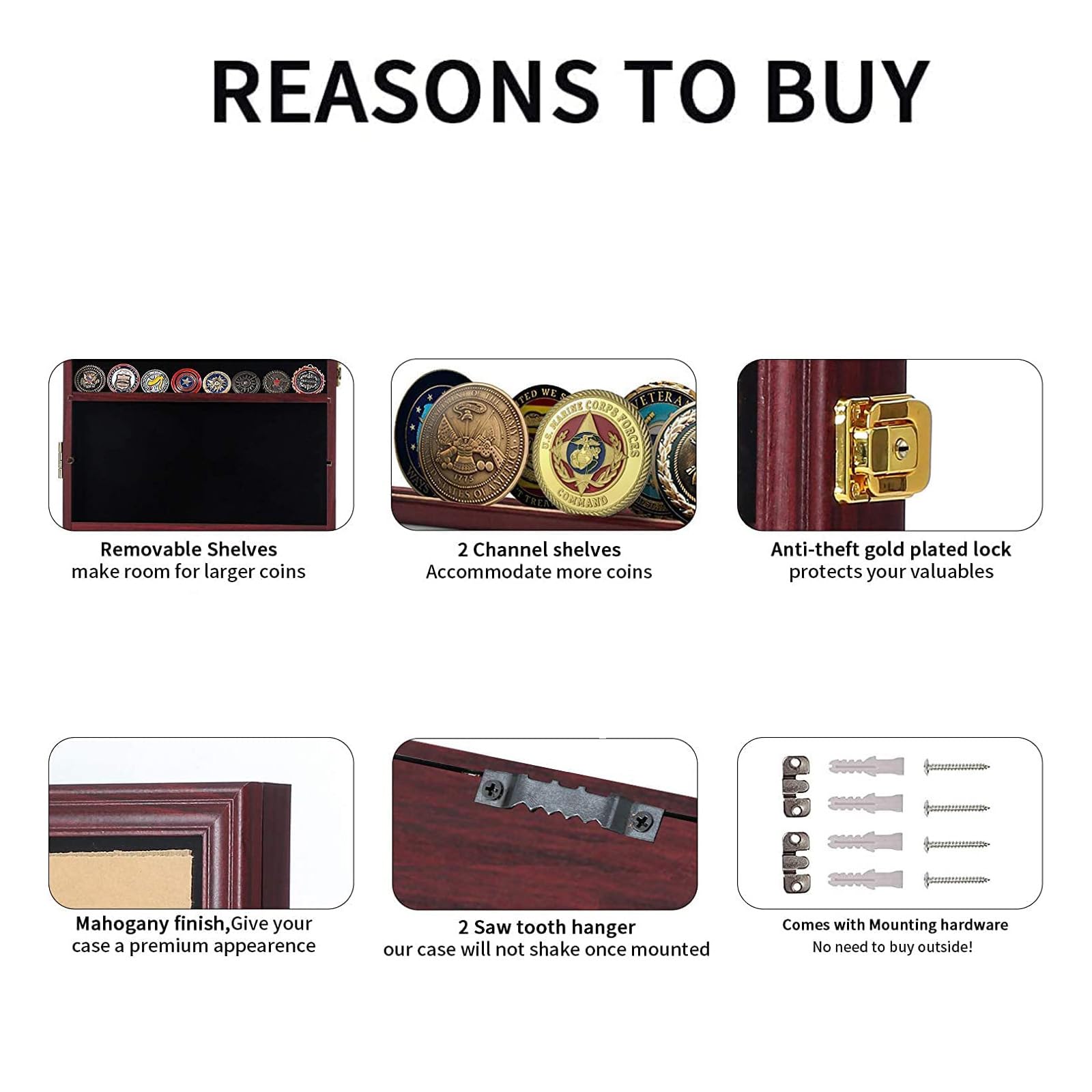 Jinchuan Lockable Military Challenge Coin Display Case - Mahogany Shadow Box with Removable 2-Shelf Design & Anti-Fade Acrylic Glass Door - Perfect for Casino Poker Chips, Collectibles, and Military Memorabilia Display at Home or Office