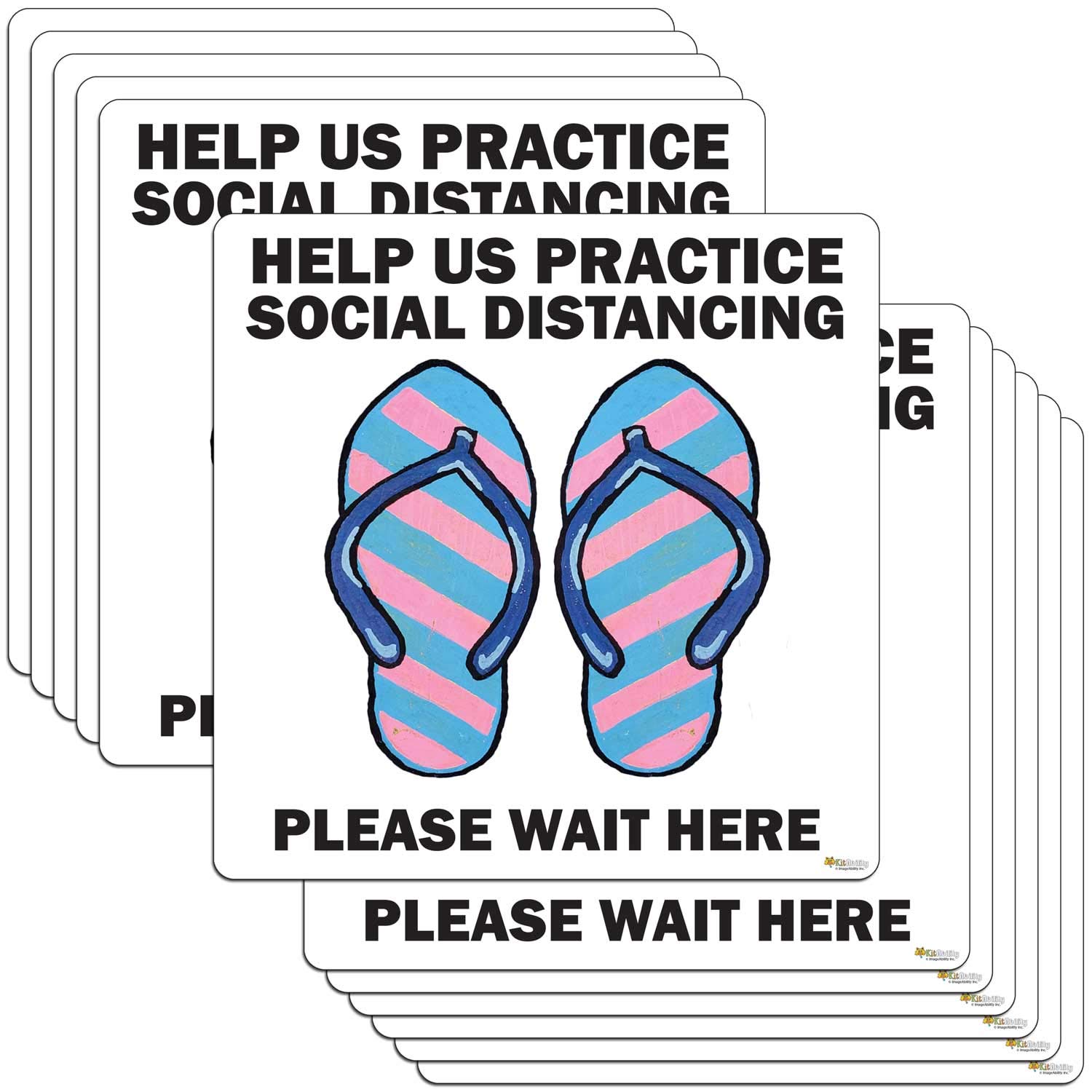 12 Pack Non-Slip Social Distancing Floor Stickers - 15x15 Inch Shoe Graphics with Flip Flop Sandals Design - 'Please Wait Here' Safety Signs for Retail Stores, Restaurants & Public Spaces