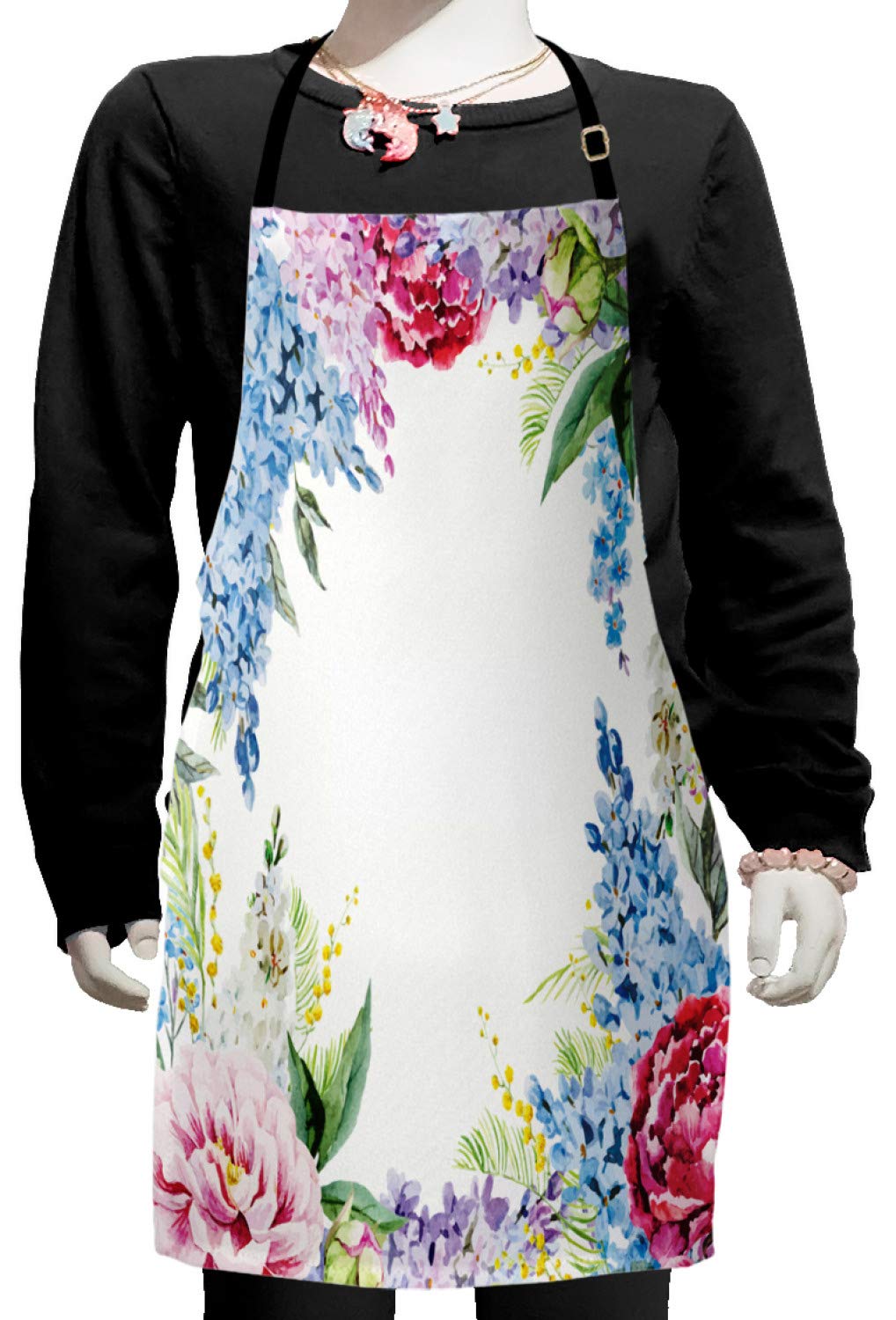 Ambesonne Floral Apron for Women - Adjustable Bib Apron with Lilac Lavender Rose Peony Print - Perfect for Baking, Painting, Cooking & Gardening - Small Size Multicolor Kitchen Apron