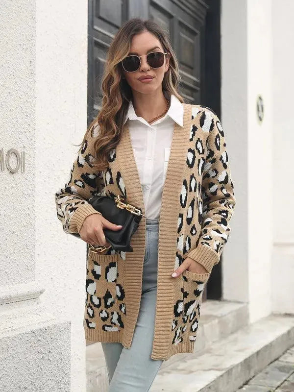 Leopard Jacquard Cardigan Sweater for Women - Soft Knit Open Front Long Sleeve Wrap Cover Up - Perfect for Fall, Winter & Cozy Home Wear