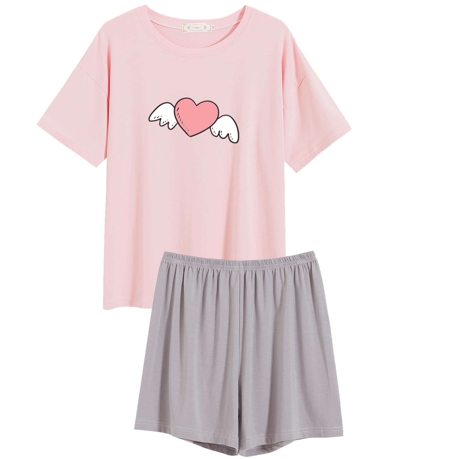 Weetiotio Women's Summer Lounge Sets - Cute Cartoon Heart Print Loungewear, Aesthetic Tee and Shorts Pajama Set, Juniors Y2K Pjs for Home, Vacation & Sleepovers