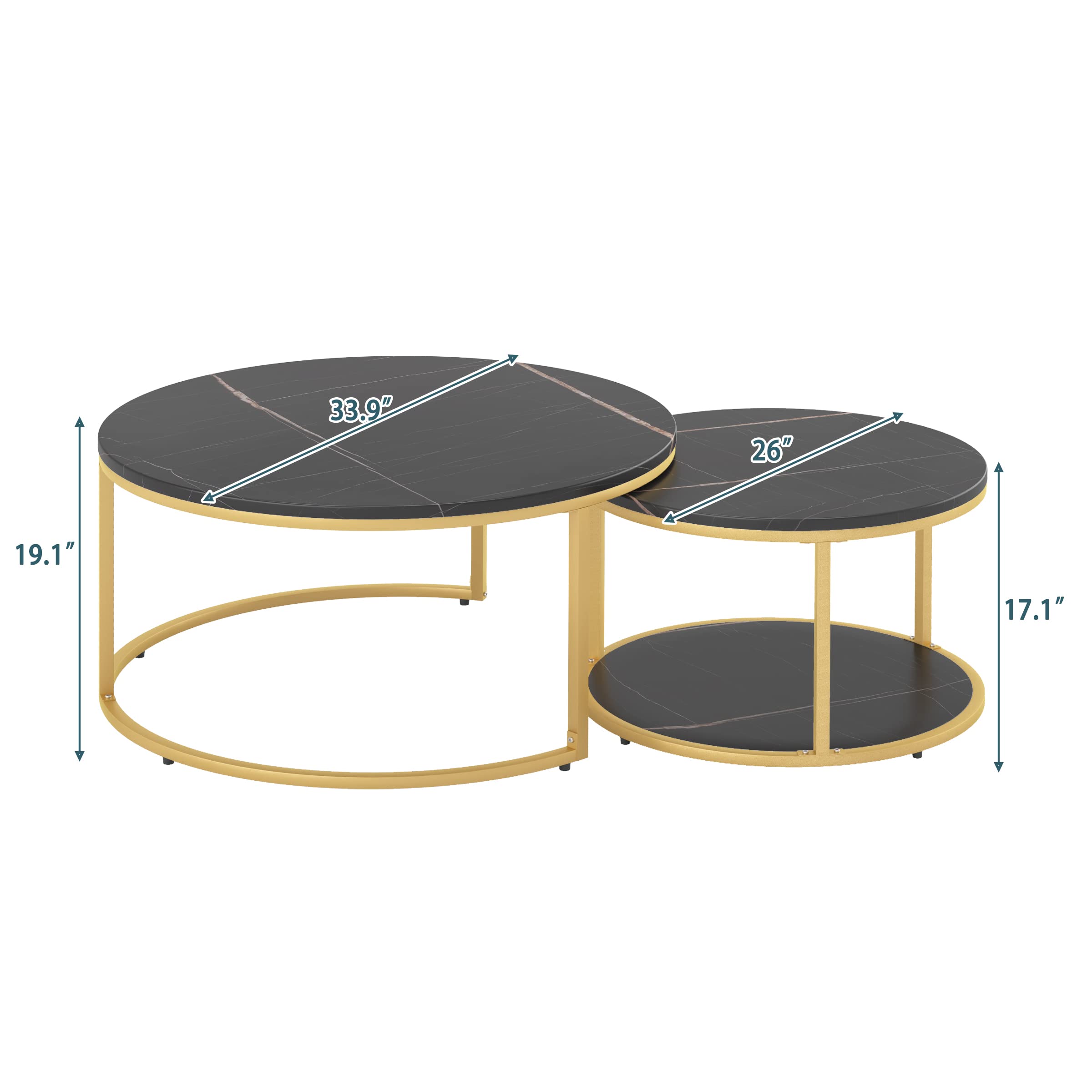 Modern Round Nesting Coffee Table Set of 2 - 34 Inch Wooden Circle Accent Tables with Gold Metal Frame for Living Room, Balcony & Office - Easy Assembly Black & Black - Perfect for Small Spaces, Home Decor & Coffee Time