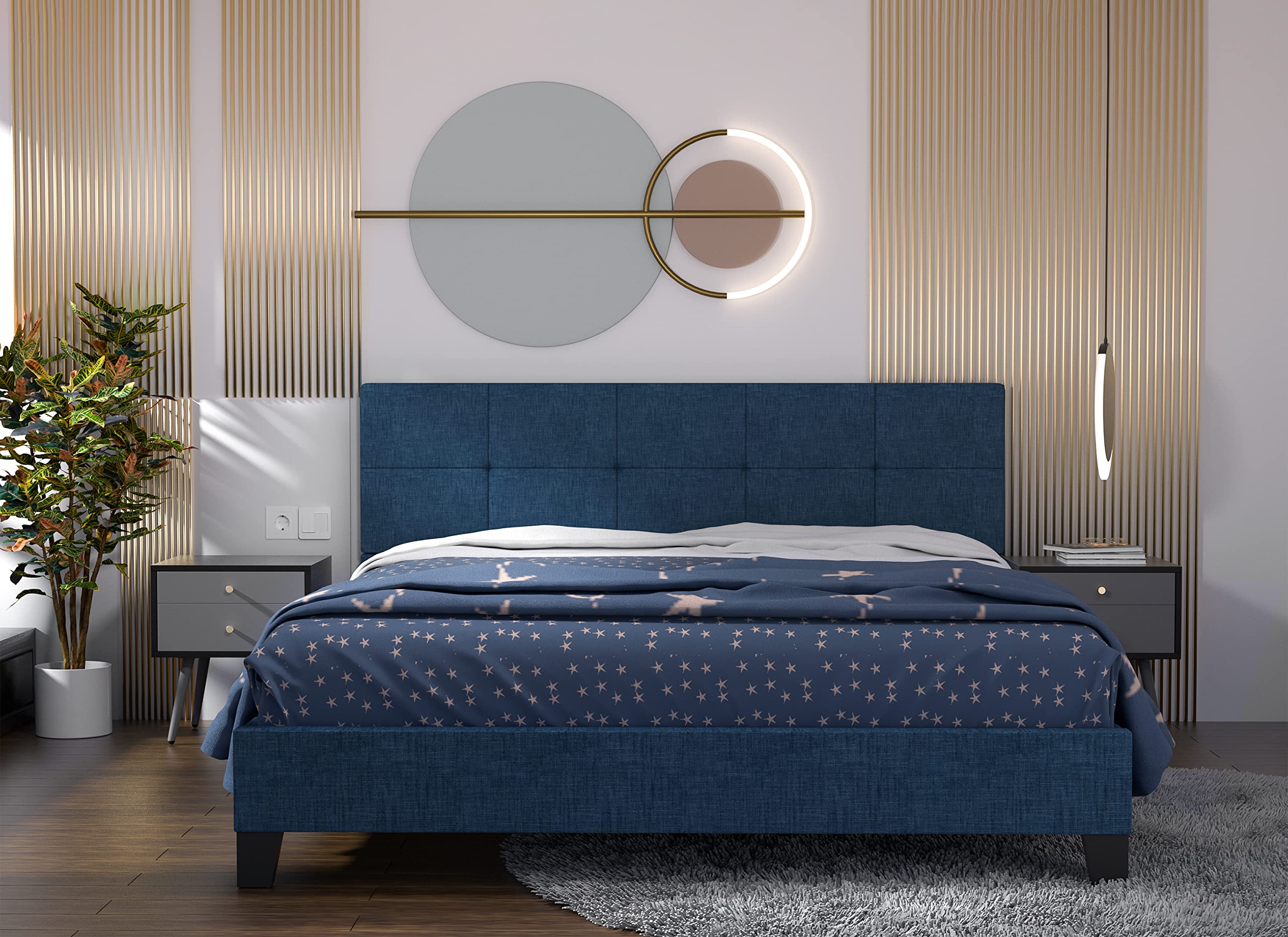 Queen Size Upholstered Linen Platform Bed Frame with Tufted Square Stitched Fabric Headboard - Sturdy Metal Frame & Wood Slat Support for Adults, Teens & Kids - Dark Blue - Perfect for Modern Bedrooms, Guest Rooms & Dormitories