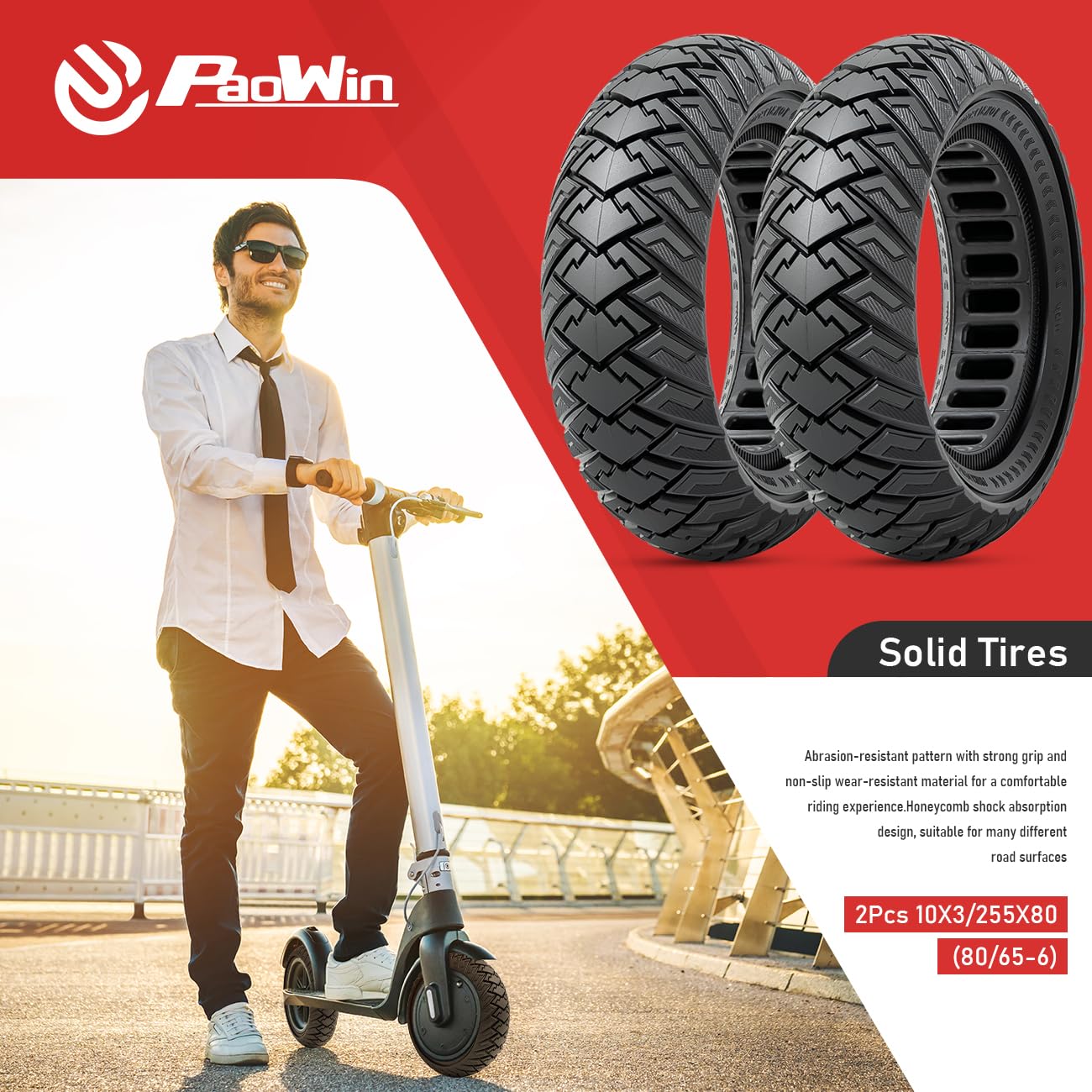 2 Pack 10x3.0 Solid Rubber Tires for Electric Scooters - 10 Inch Replacement Wheels (255x80, 80/65-6) - Front/Rear Compatible with 10x3.0 Scooter Tires (P-1006) - Perfect for Commuting, Urban Travel & Last-Mile Transportation