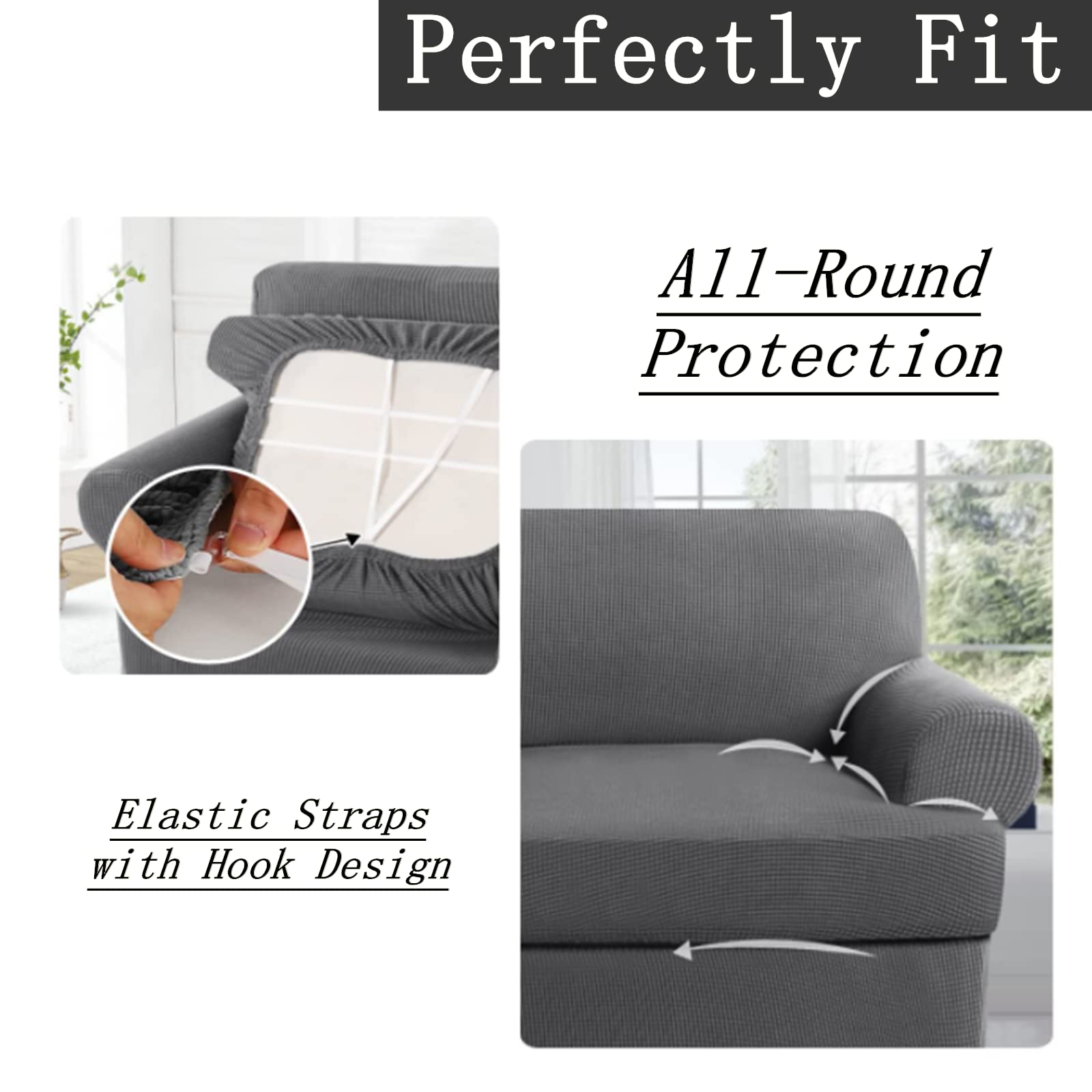 3 Piece T-Cushion Sofa Slipcovers - Thick Stretchable Couch Cover Furniture Protector for 2-Cushion Loveseat with Washable T-Cushion Covers (Grey, X-Large) - Perfect for Living Room, Family Room & Home Decor Protection