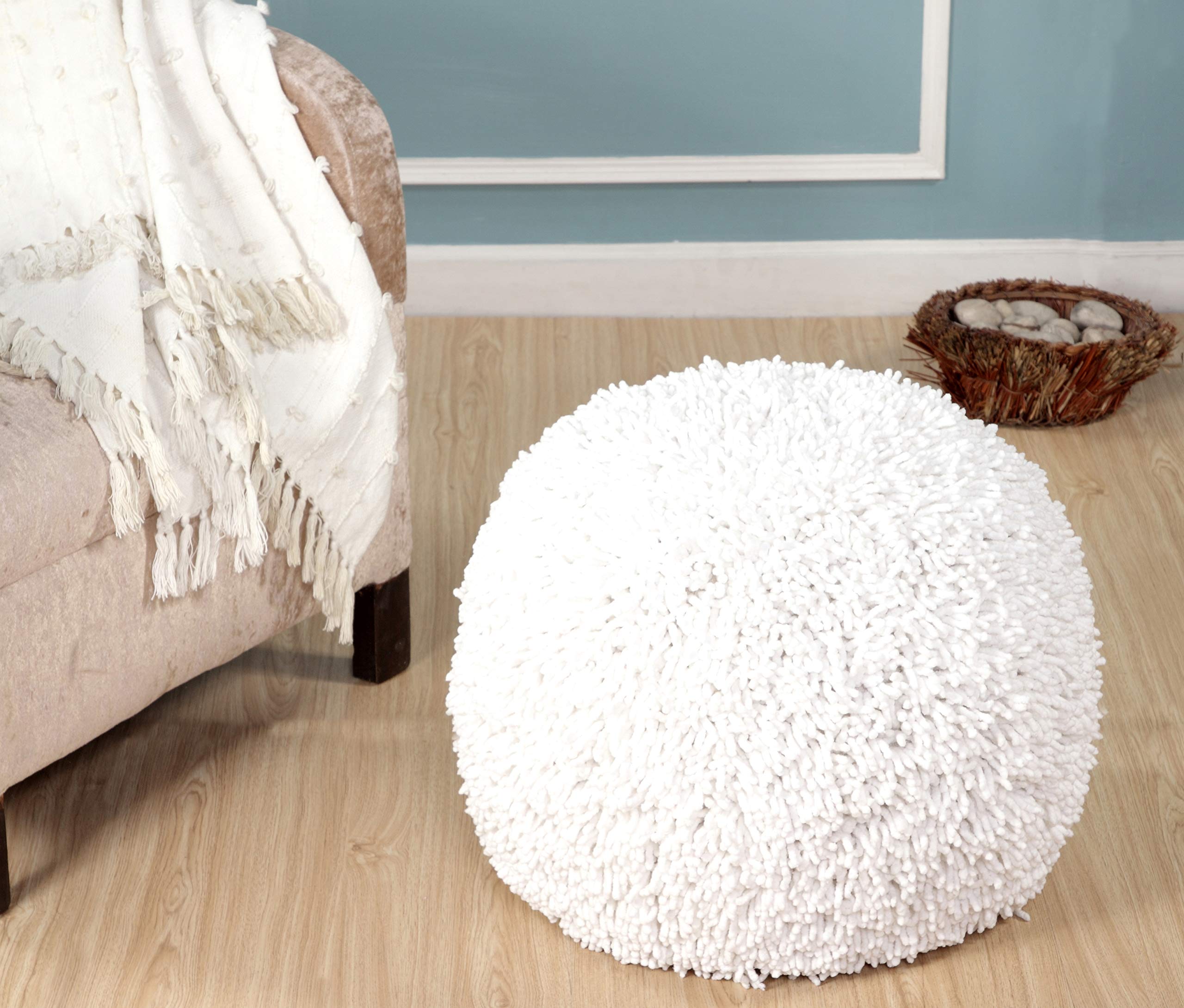 LR Home Evette Rios Cream Solid Cotton Round Ottoman Pouf - Handmade Foot Rest & Decorative Accent for Bedroom, Living Room - 20