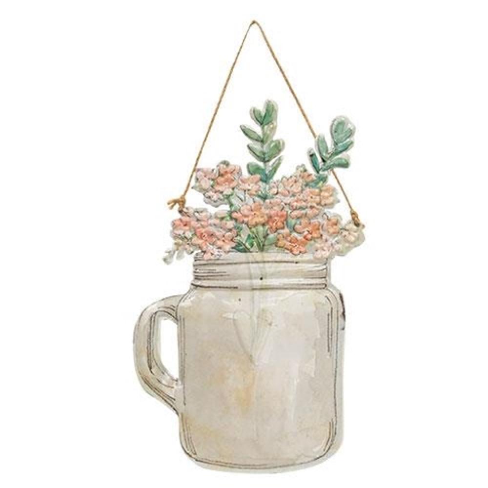 Floral Metal Hanging Jar with Handle - Rustic Home Decor for Kitchen, Garden & Outdoor Spaces