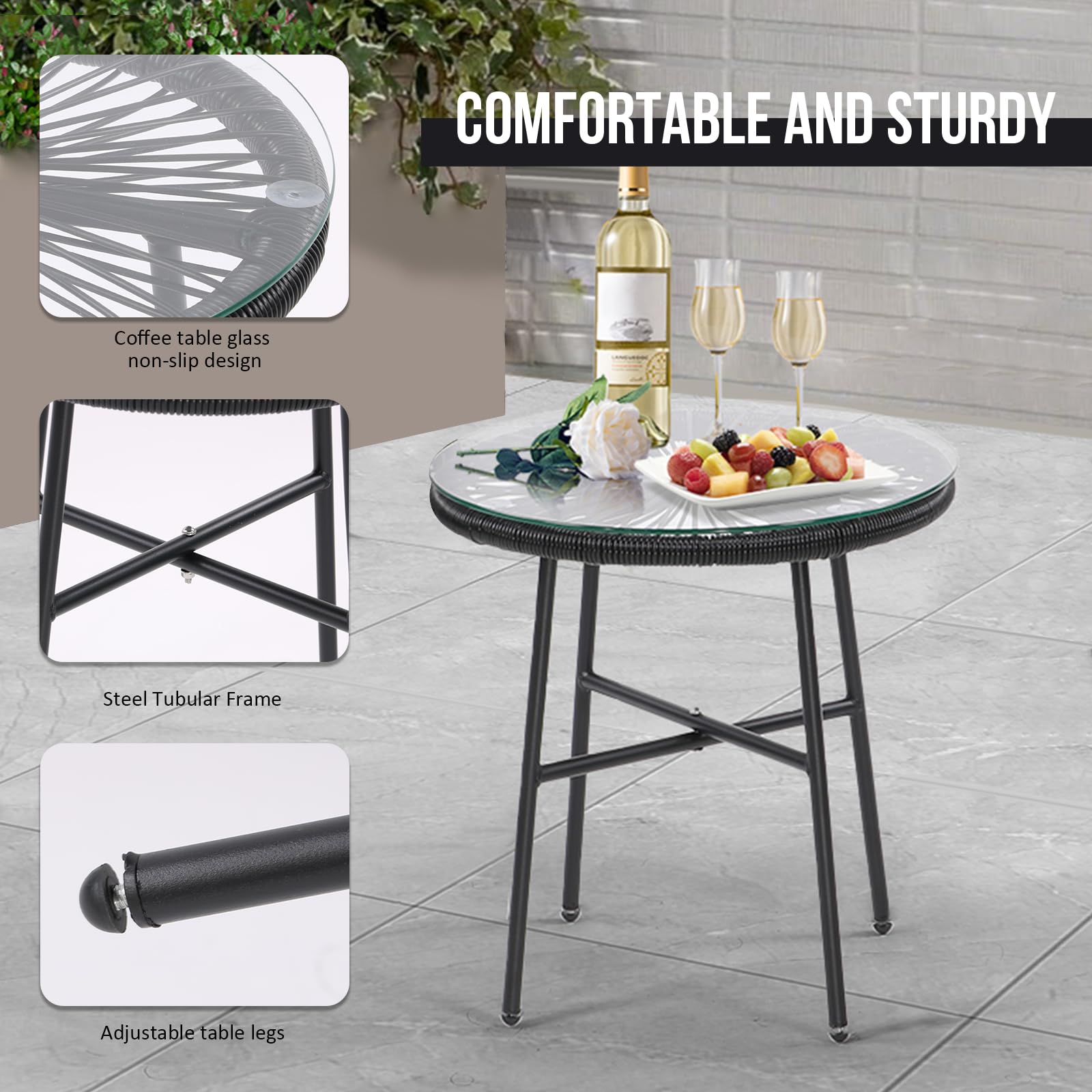 SoarFlash 3-Piece Outdoor Wicker Bistro Set with Coffee Table - Patio Conversation Set in Black Rattan for Lawn, Garden, Backyard - Perfect for Relaxing, Entertaining, and Outdoor Dining