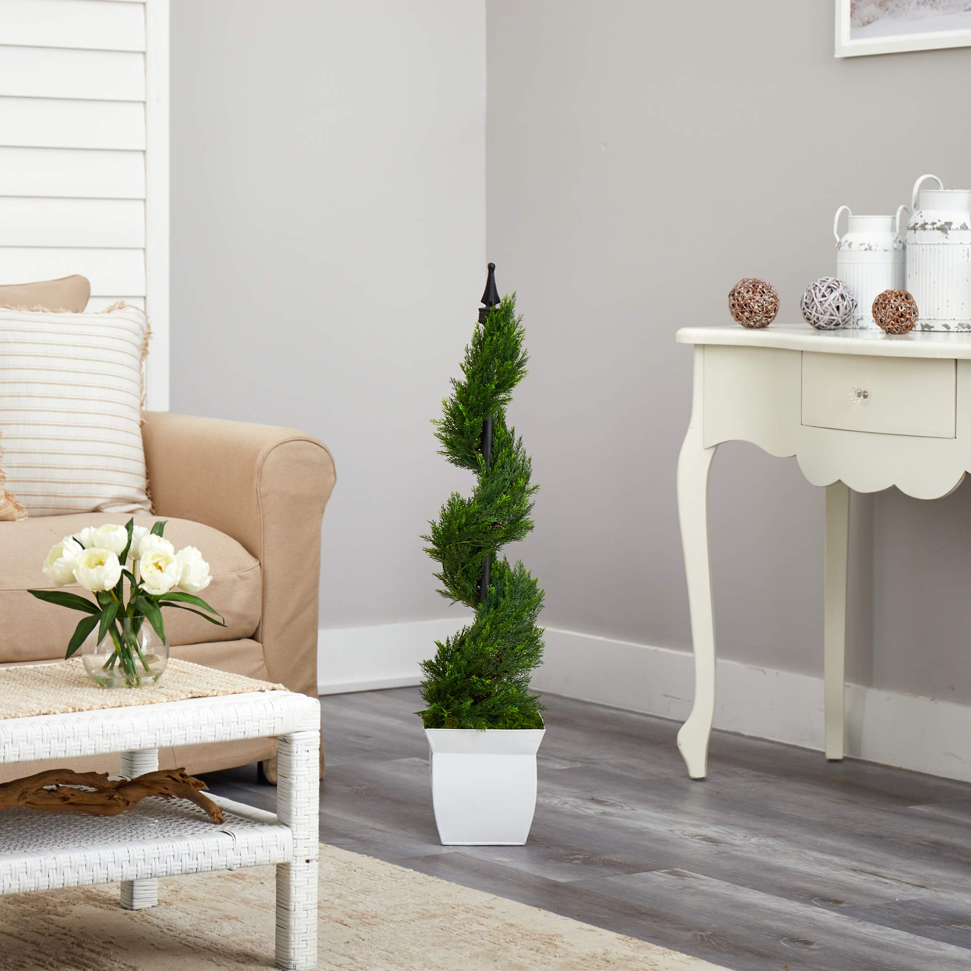 Nearly Natural 4ft Artificial Cypress Spiral Topiary Tree in White Metal Planter - Perfect for Home Decor, Office, Patio & Indoor Greenery