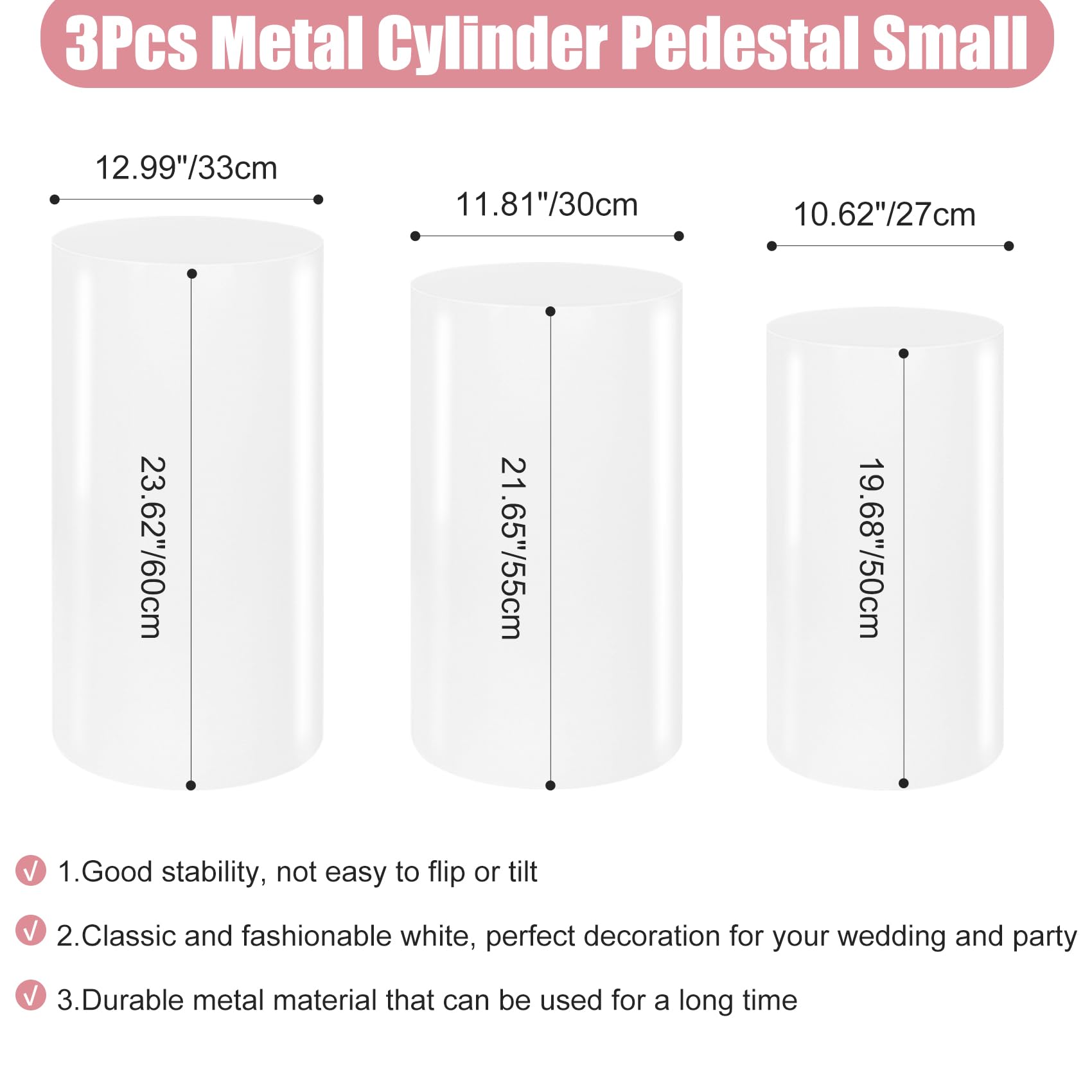 3PCS White Metal Cylinder Pedestal Stands - Round Dessert Table Display Pillars for Birthday, Wedding, Bridal & Baby Shower Decorations | Perfect for Cake Displays, Cupcake Towers, Floral Arrangements & Party Centerpieces (Small Size)