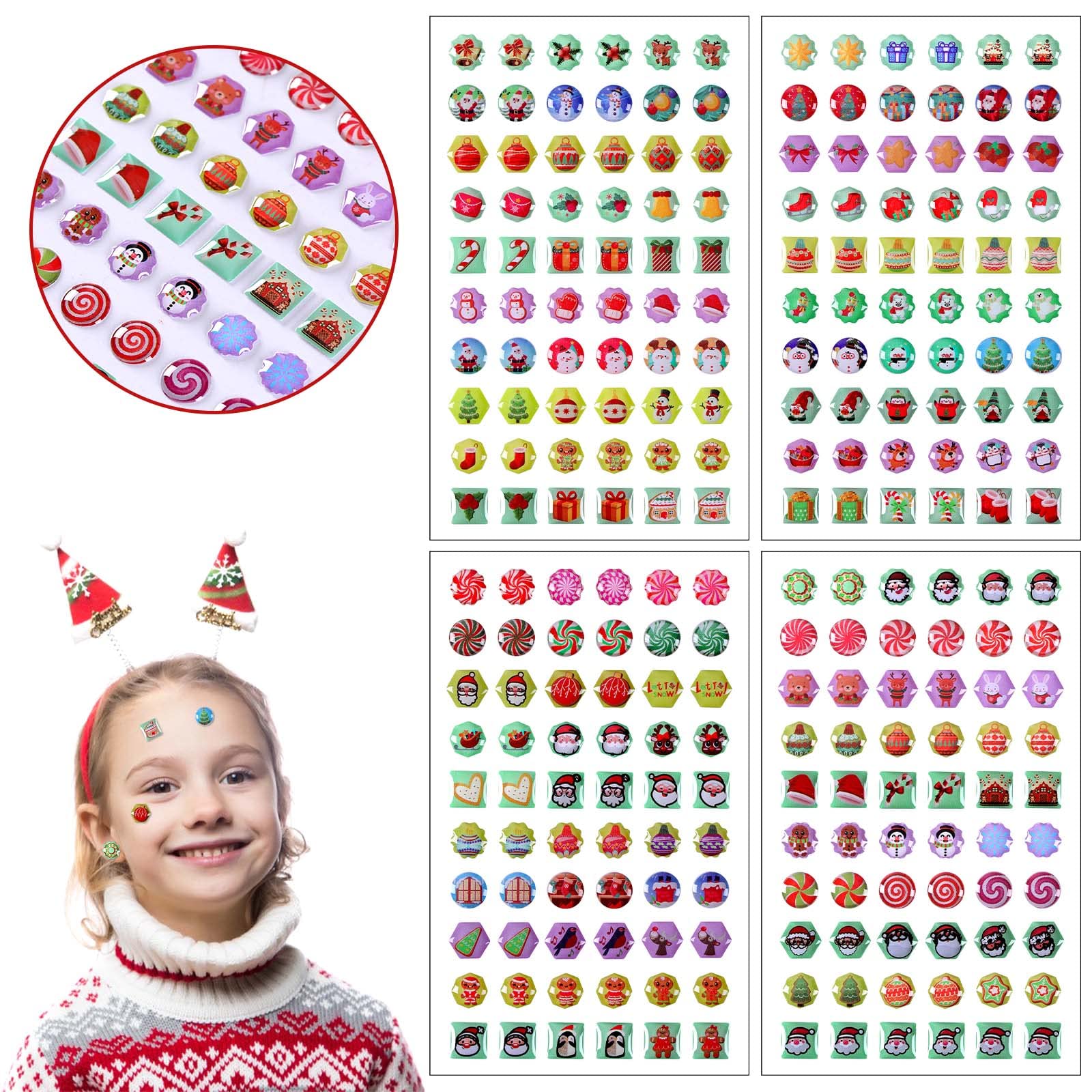 240Pcs AUGSUN Christmas Stickers Earrings for Girls - 3D Glitter Gems Self-Adhesive Sticky Earrings | Holiday Party, Gift Exchange & Festive Accessories