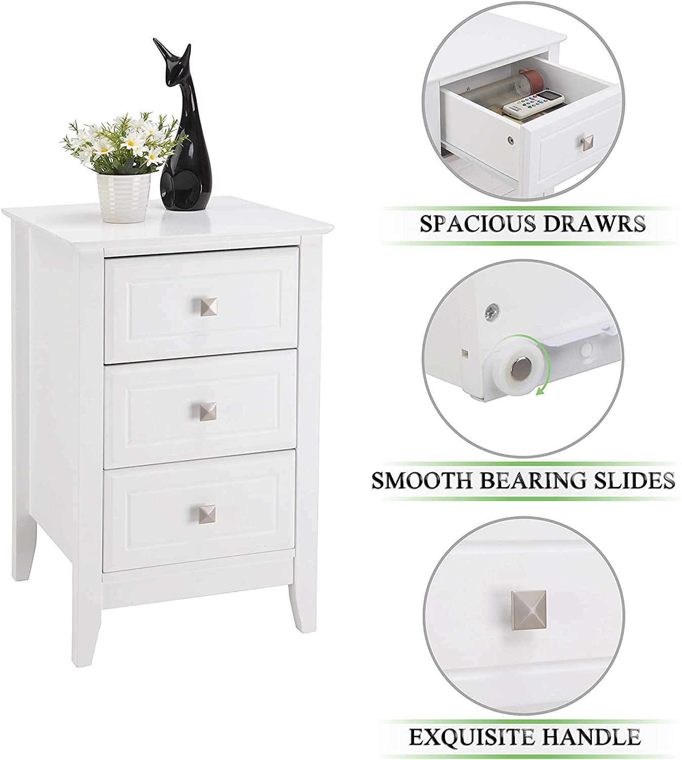 Bonnlo Upgraded White Nightstand with 3 Drawers - Modern Bedroom Night Stand Set of 2, Wooden Bedside Table for Small Spaces, College Dorm, Kids Room & Living Room - 23.6 Inch Height - Perfect for Storing Books, Lamps & Bedroom Essentials