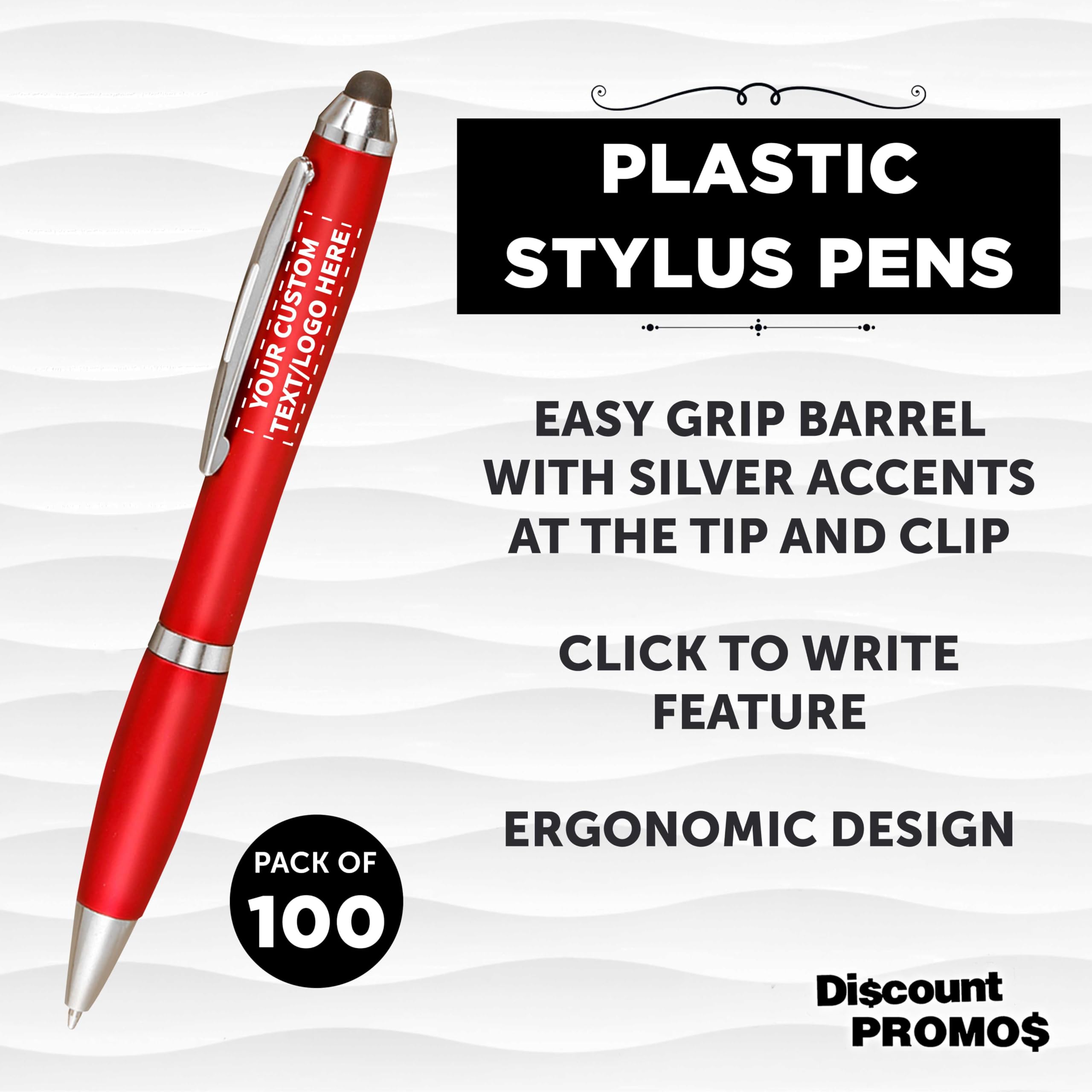 Custom Plastic Stylus Pens Bulk Pack of 100 - Personalized Black Ink Pens for Office, School & Business | Great for Tradeshows, Events & Giveaways | Premium Quality Stylus Pen Set for Digital Devices & Signatures