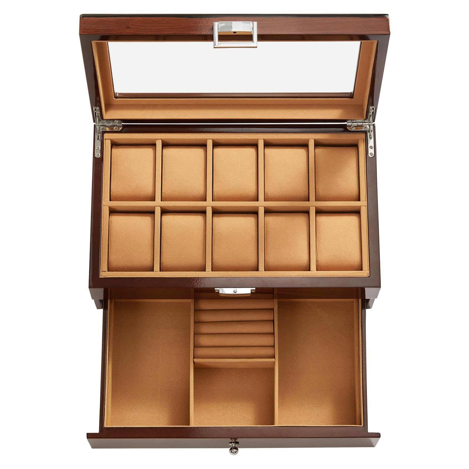 10-Slot Wooden Watch Box with Glass Lid & Drawer - 2-Layer Jewelry Organizer for Men & Women - Perfect for Watch Display, Collection Storage & Gift Giving