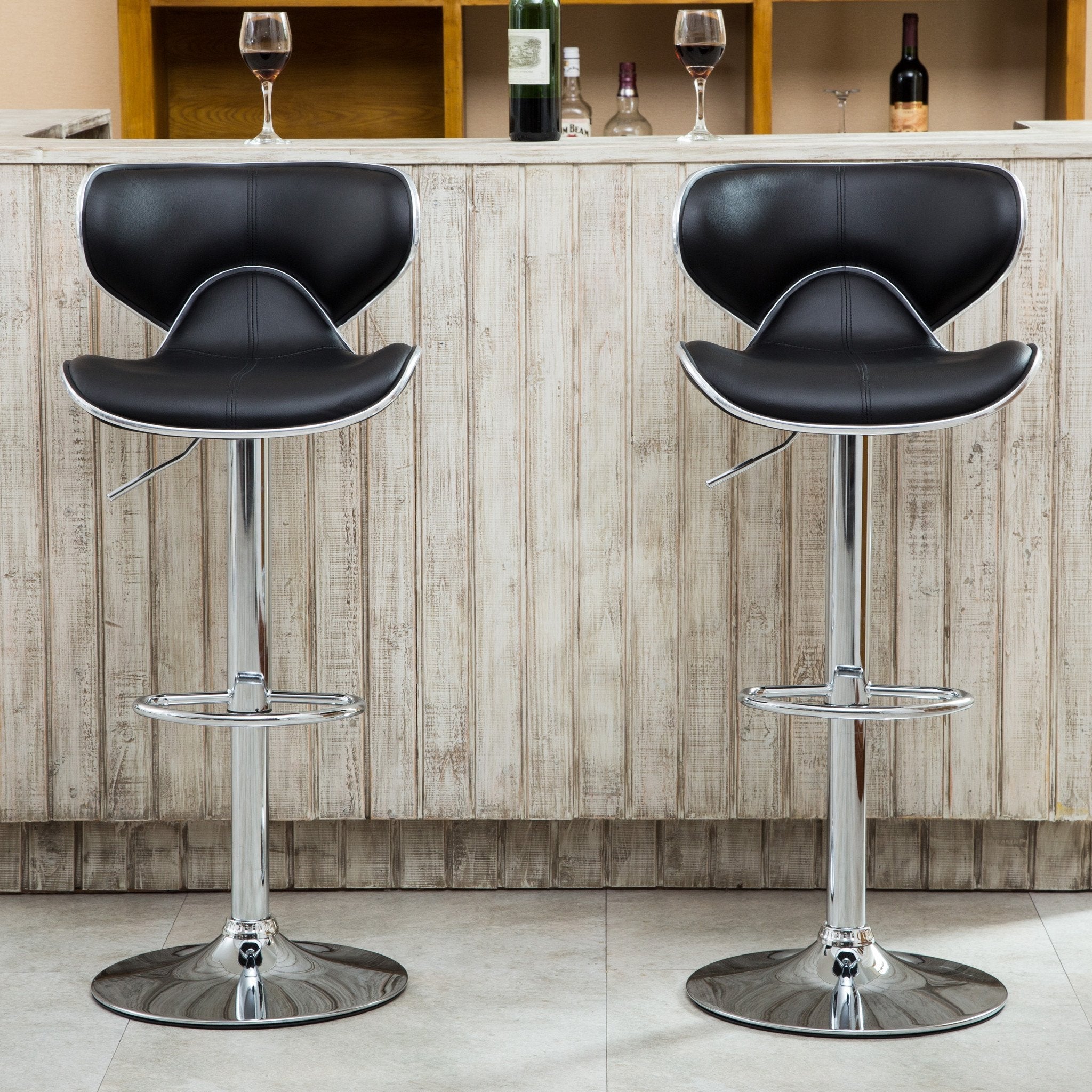 Roundhill Furniture Masaccio Adjustable Swivel Bar Stool - Set of 2, Black Leatherette Upholstery with Chrome Base for Kitchen Island, Home Bar & Counter Height Dining - Comfortable & Stylish Barstools