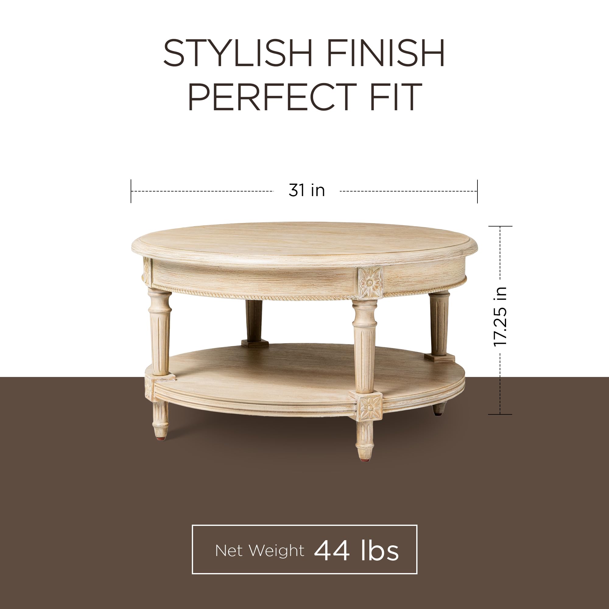 Rustic White Round Wooden Coffee Table and Side Table Set with Storage - Maven Lane Pullman Traditional Center Table for Living Room, Lounge, or Office