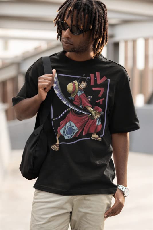 Official One Piece Monkey D Luffy Wano Country Arc Samurai Kimono Anime T-Shirt for Men - Short Sleeve Cotton Tee for Cosplay, Anime Conventions & Casual Wear