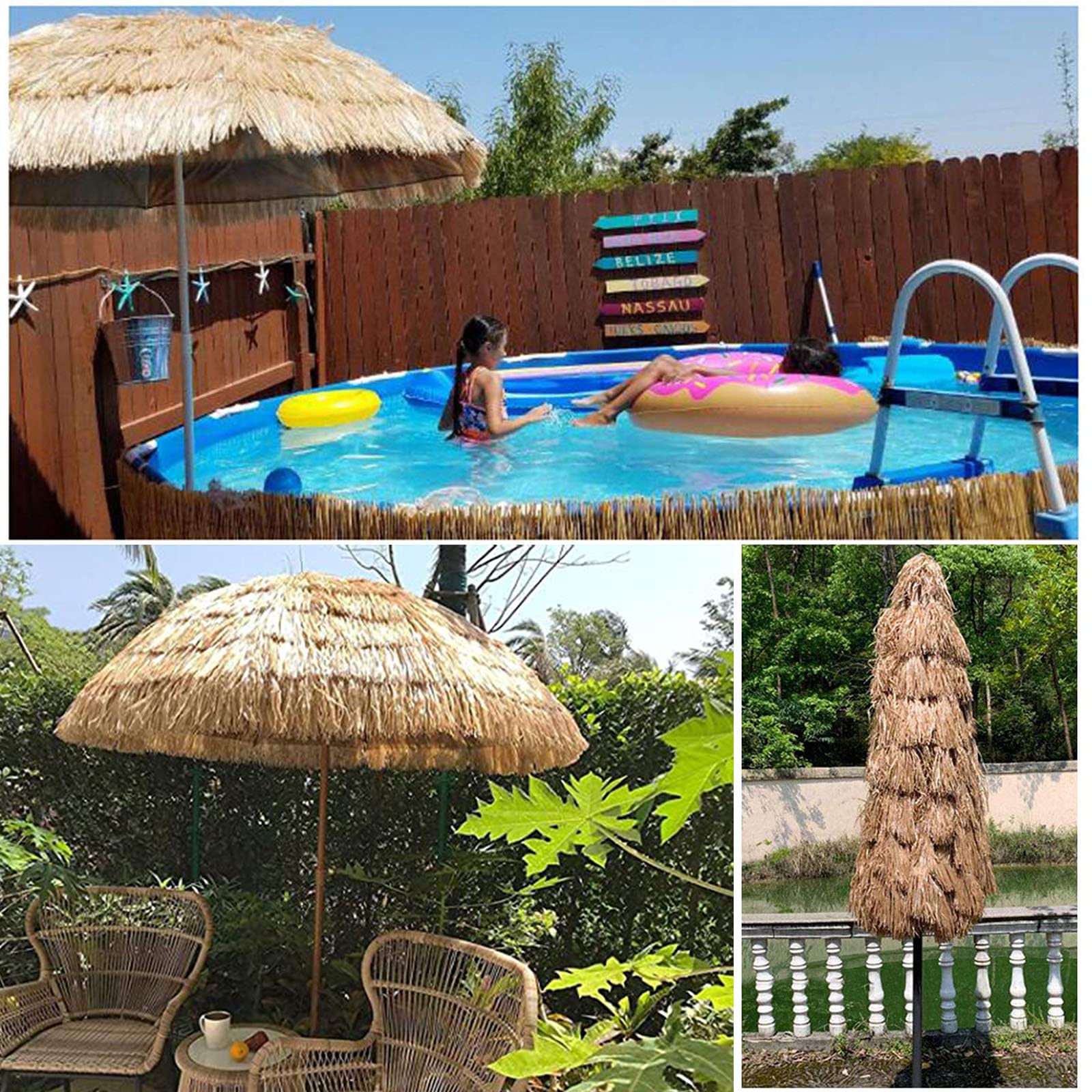 7.9 ft/2.4 m Outdoor Hawaiian Straw Parasol with Crank Handle - Natural Hula Thatch Umbrella for Garden, Beach, Terrace & Pool - Perfect for Patio Shade, Tropical Decor & Outdoor Relaxation