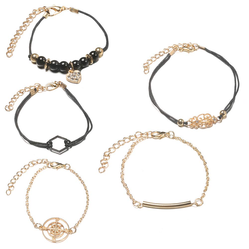 NSQFKALL Women's Bracelet - 5 Diamond Compass Pendant Beaded Hexagon Black Friendship Bracelet | Trendy Jewelry Gift for Her | Perfect for Anniversary, Birthday & Everyday Wear