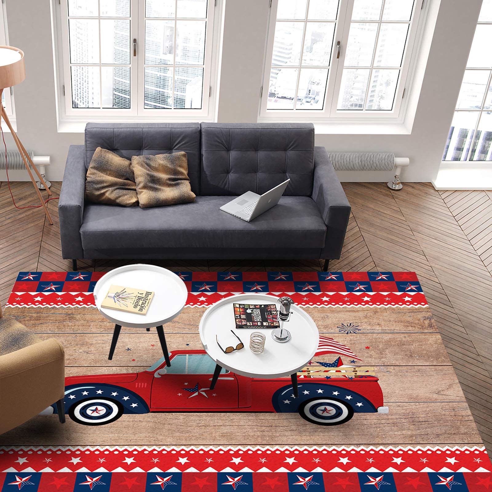 5'x7' Farm Truck Independence National Flag Area Runner Rug - Washable Buffalo Check Carpet for Indoor & Outdoor Use - Perfect for Kitchen, Living Room, Bathroom, Bedroom, Classroom, Laundry Room and Entryway Doormat