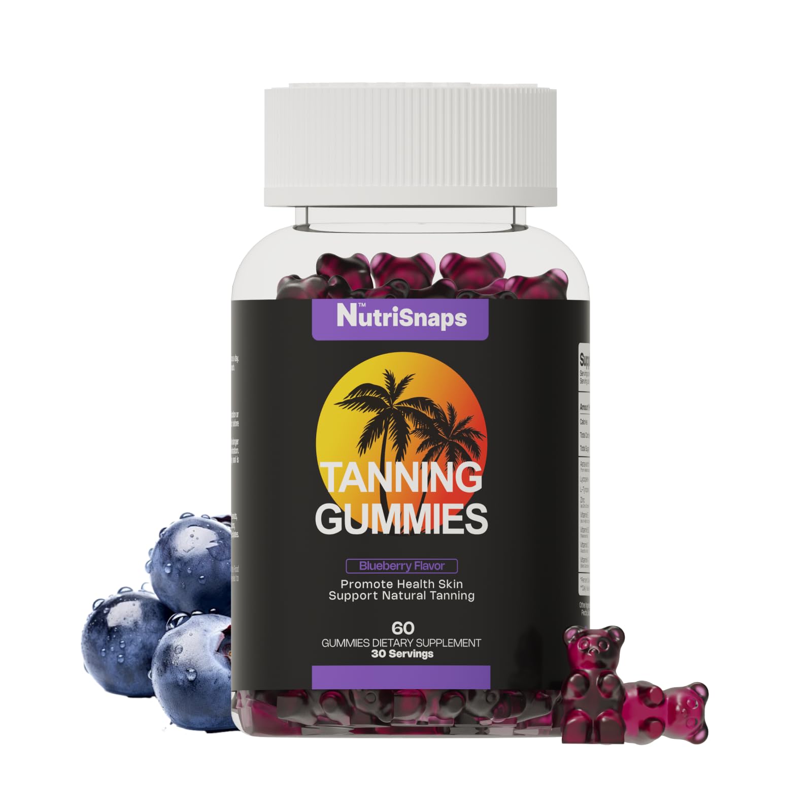 Natural Tanning Gummies for Women & Men - Vegan, Non-GMO Blueberry Flavor Tanning Supplement with Skin Health Benefits - 60 Count for Daily Use - Perfect for Beach, Vacation & Summer Glow