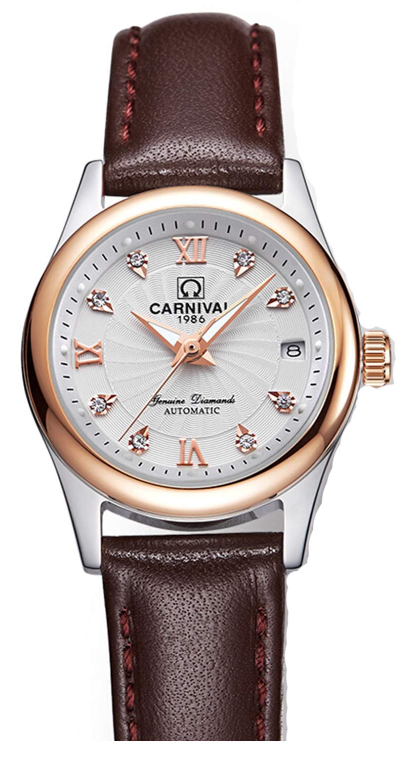 Luxury Women's Automatic Mechanical Watch with Luminous Hands, Calendar, Diamond Accents & Waterproof Leather Strap - Rose Gold & Brown | Perfect for Business, Party & Everyday Wear