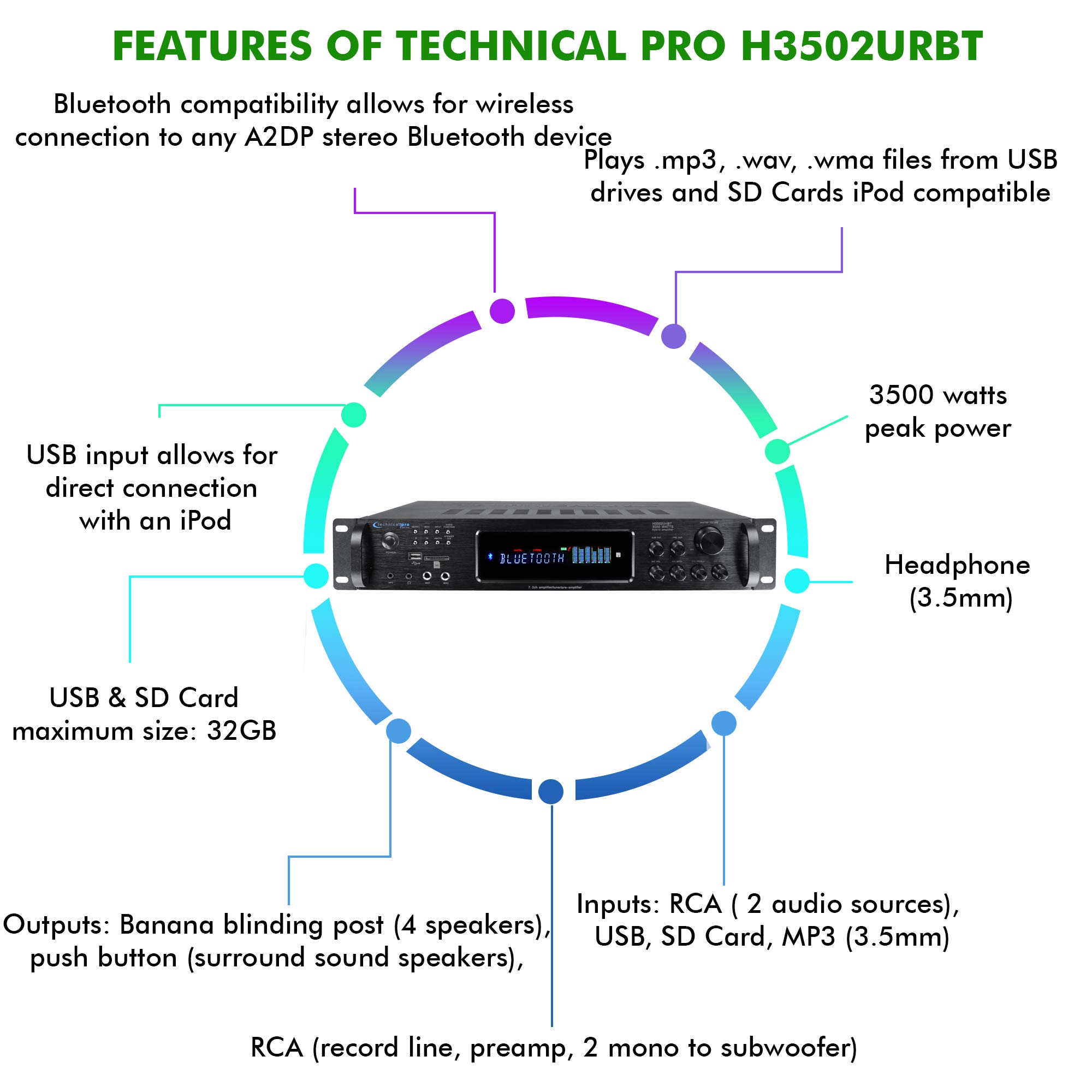 Technical Pro Digital Hybrid Amplifier with Preamp Tuner - USB, Bluetooth, FM Radio, iPod/iPhone Compatible, Recorder, Wireless Remote - Perfect for Home Theater, DJ Setup & Live Music Performances