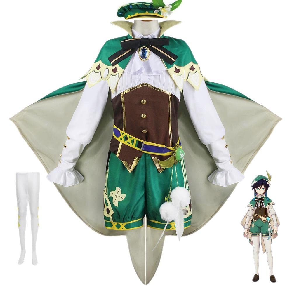 MonWel Genshin Impact Venti Cosplay Costume Outfit Set with Cloak - Perfect for Halloween, Anime Conventions & Role Playing