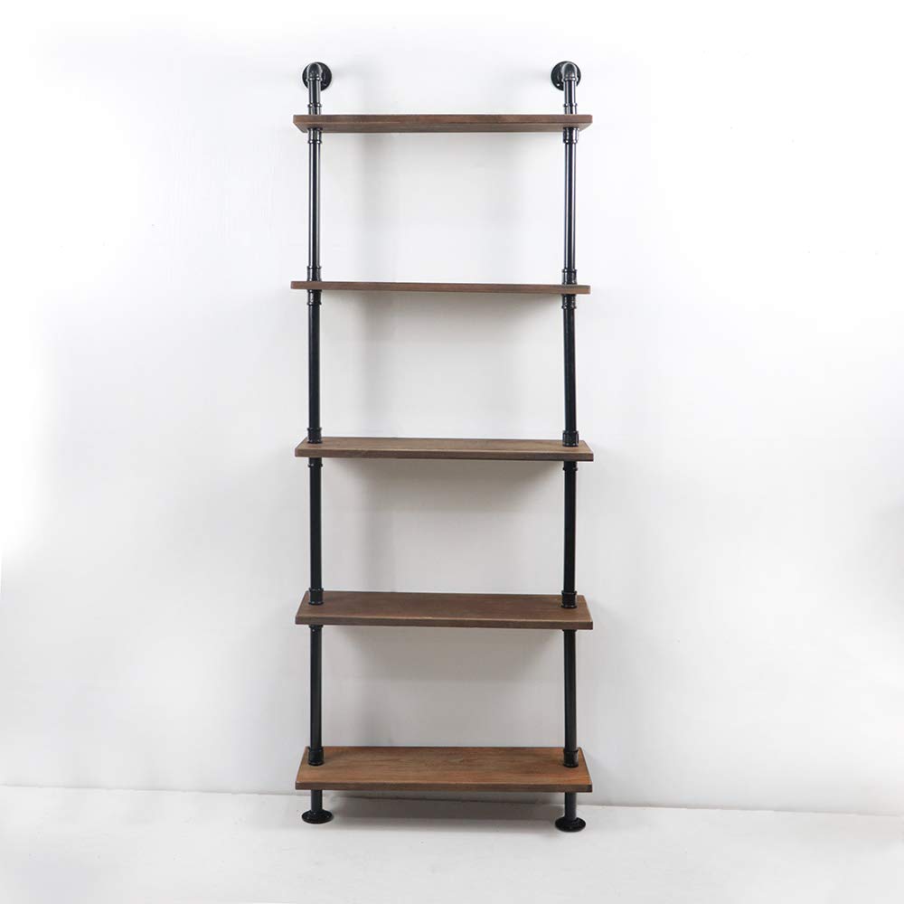 Industrial Pipe Shelf - 5 Tier Floating Wall Shelf with Rustic Wood & Black Iron Pipe - Perfect for Home, Office, and Retail Display Storage
