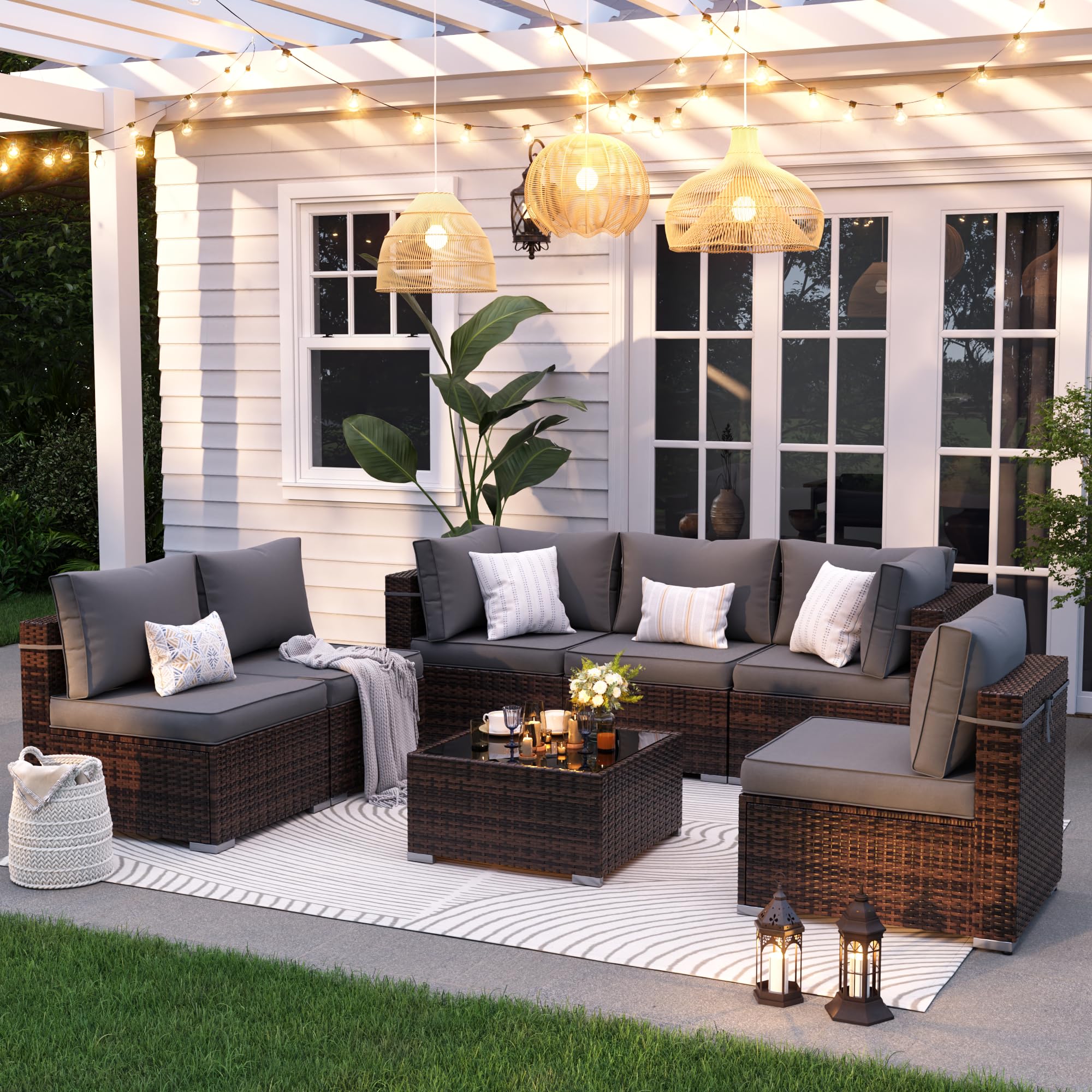 7-Piece Outdoor Patio Furniture Set with Waterproof Cover - All-Weather Wicker Sectional Sofa with Brown Frame & Gray Cushions - Perfect for Backyard, Garden, Poolside or Deck Relaxation