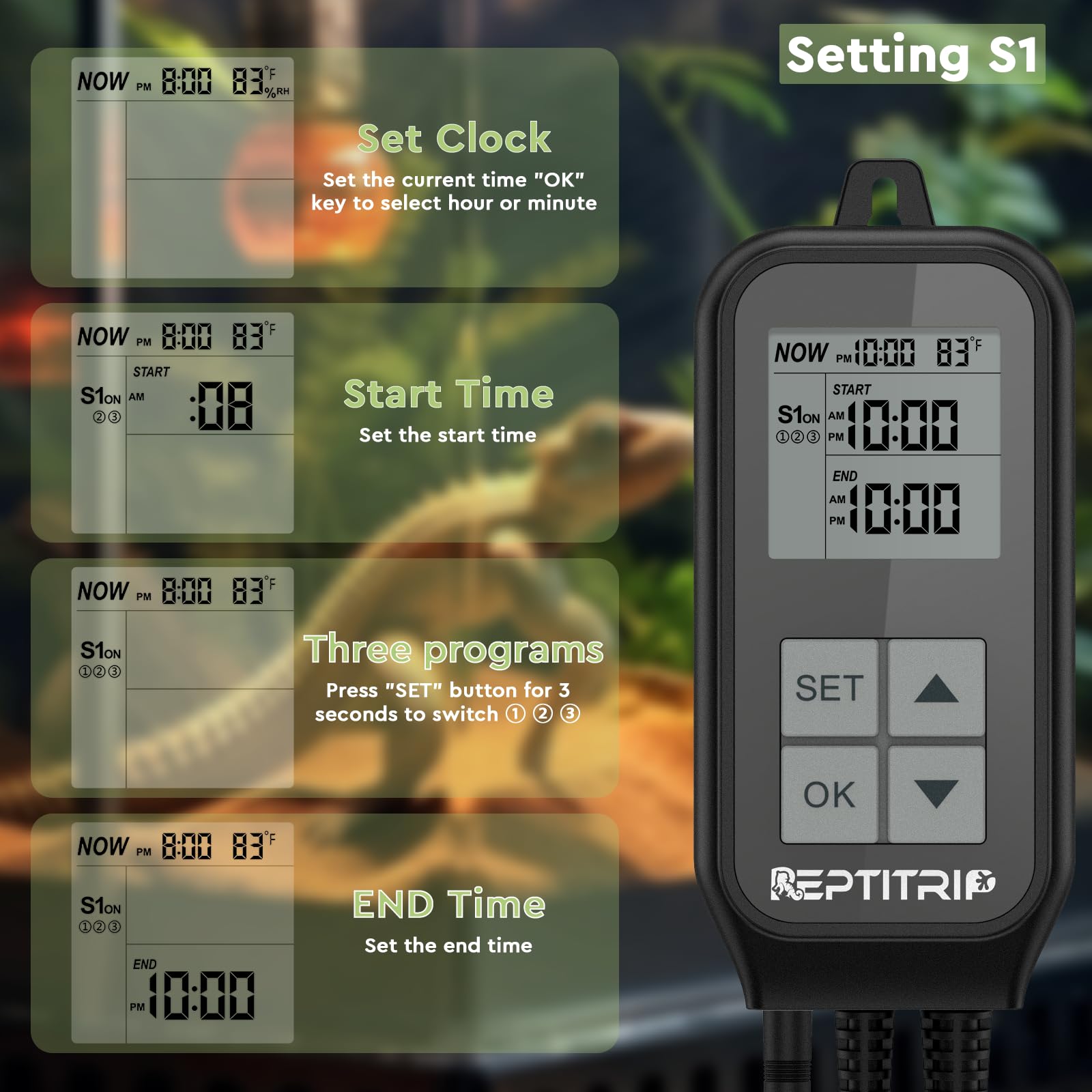 Reptile Thermostat & Light Timer - Digital Temperature Controller for UVB Light, Heat Lamp & Heating Pad - 10A 1250W Day/Night Cycle Thermostat with Thermometer - Perfect for Terrariums, Vivariums & Reptile Habitats