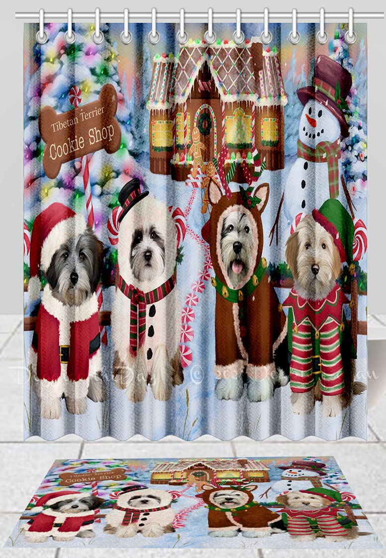 Tibetan Terrier Gingerbread Cookie Shop Shower Curtain & Bath Mat Set - Anti-Slip Bathroom Decor with Hooks, Plush Polyester Rug (Mat 20''x32'', Curtain 69
