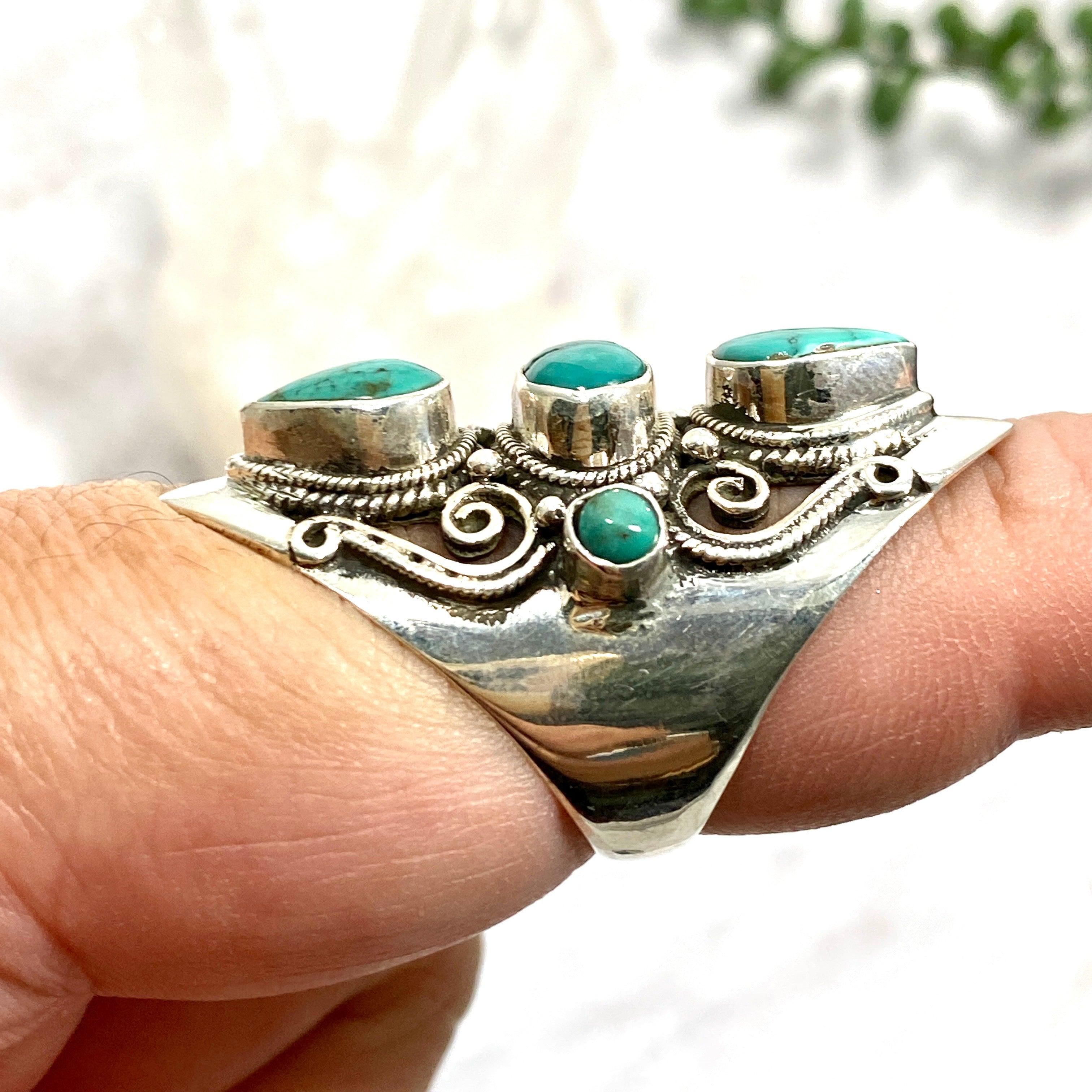 Boho Style Turquoise Multi Stone Ring for Women - Size 8 (R4068) | Handmade Bohemian Jewelry for Casual Wear, Festivals & Gift Giving