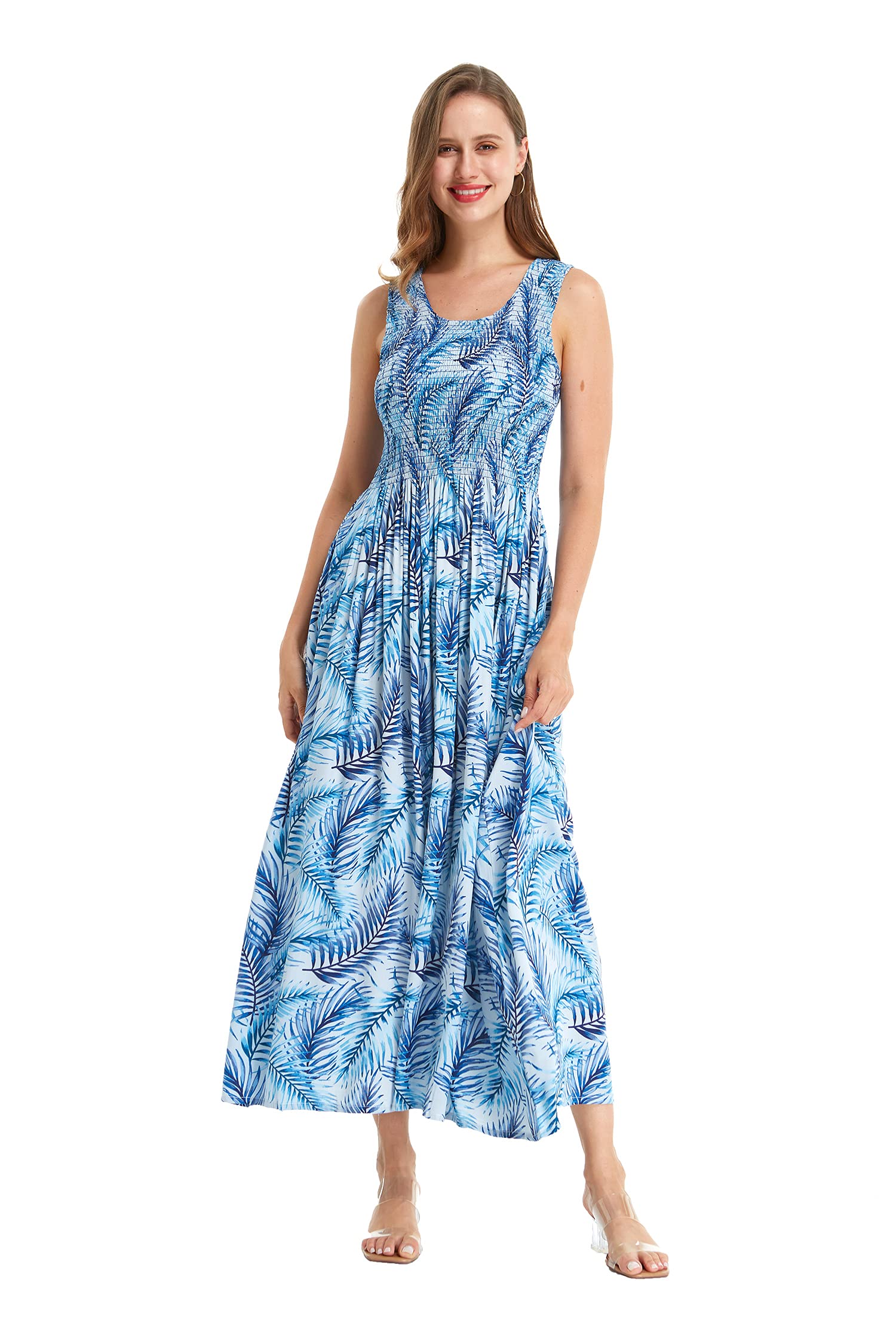 Matchable Couple Hawaiian Luau Shirt & Maxi Tank Dress Set - Simply Blue Leaf Tropical Print - Perfect for Beach Vacations, Summer Parties & Luau Themed Events