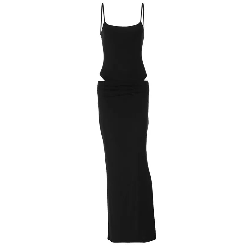 Black Sexy Dress Set for Women - Spaghetti Strap Bodysuit & Maxi Skirt Matching Outfit | Backless Slim Fit Long Skirt Set | Perfect for Date Night, Parties & Special Occasions