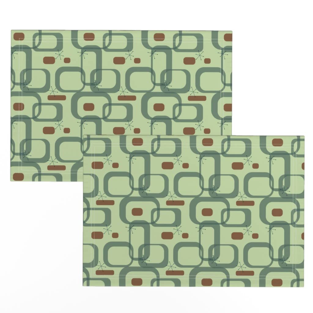 Premium Linen Cotton Canvas Placemats Set of 2 - Midcentury Modern Geometric Retro Print Table Mats for Dining, Kitchen & Home Decor (Green Vintage Squares Design)