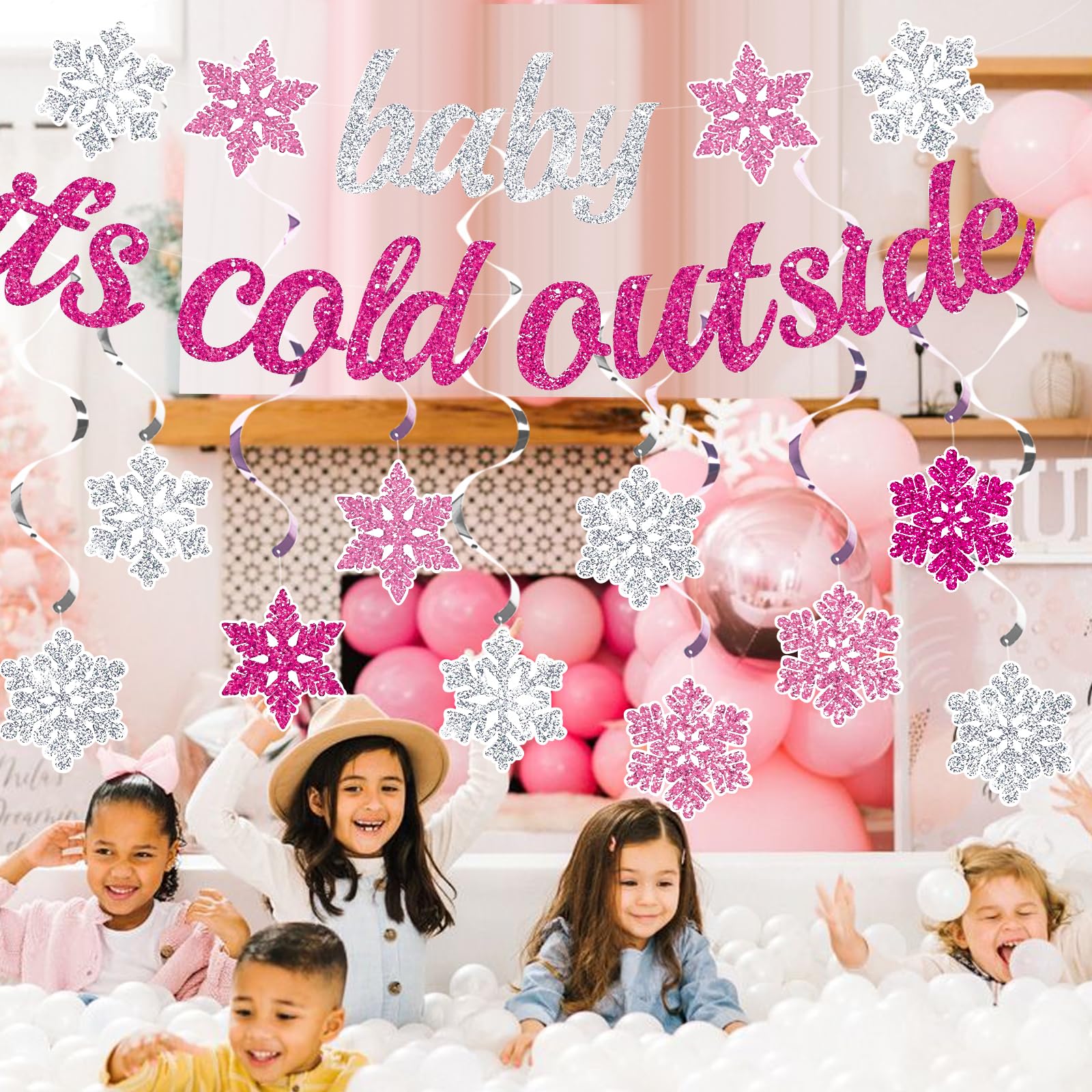 Pink 'Baby It's Cold Outside' Winter Banner - Glitter Silver Snowflake Hanging Decor for Girls Birthday Party, Christmas & Baby Shower Supplies | Festive Seasonal Home & Event Decoration