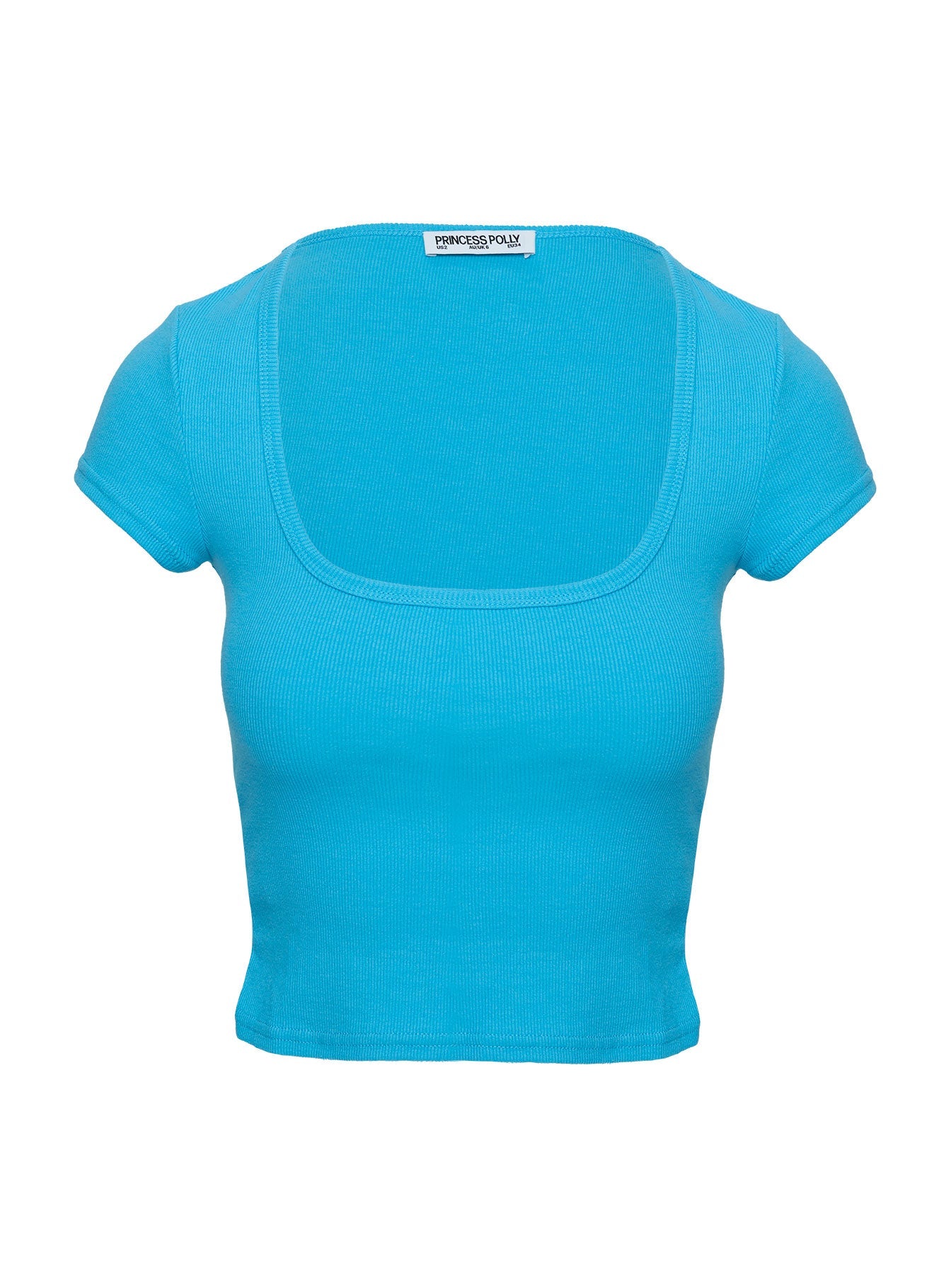 Baseline Square Neck Ribbed Knit Top for Women - Soft Stretch Blue T-Shirt - Casual Wear & Layering Essential