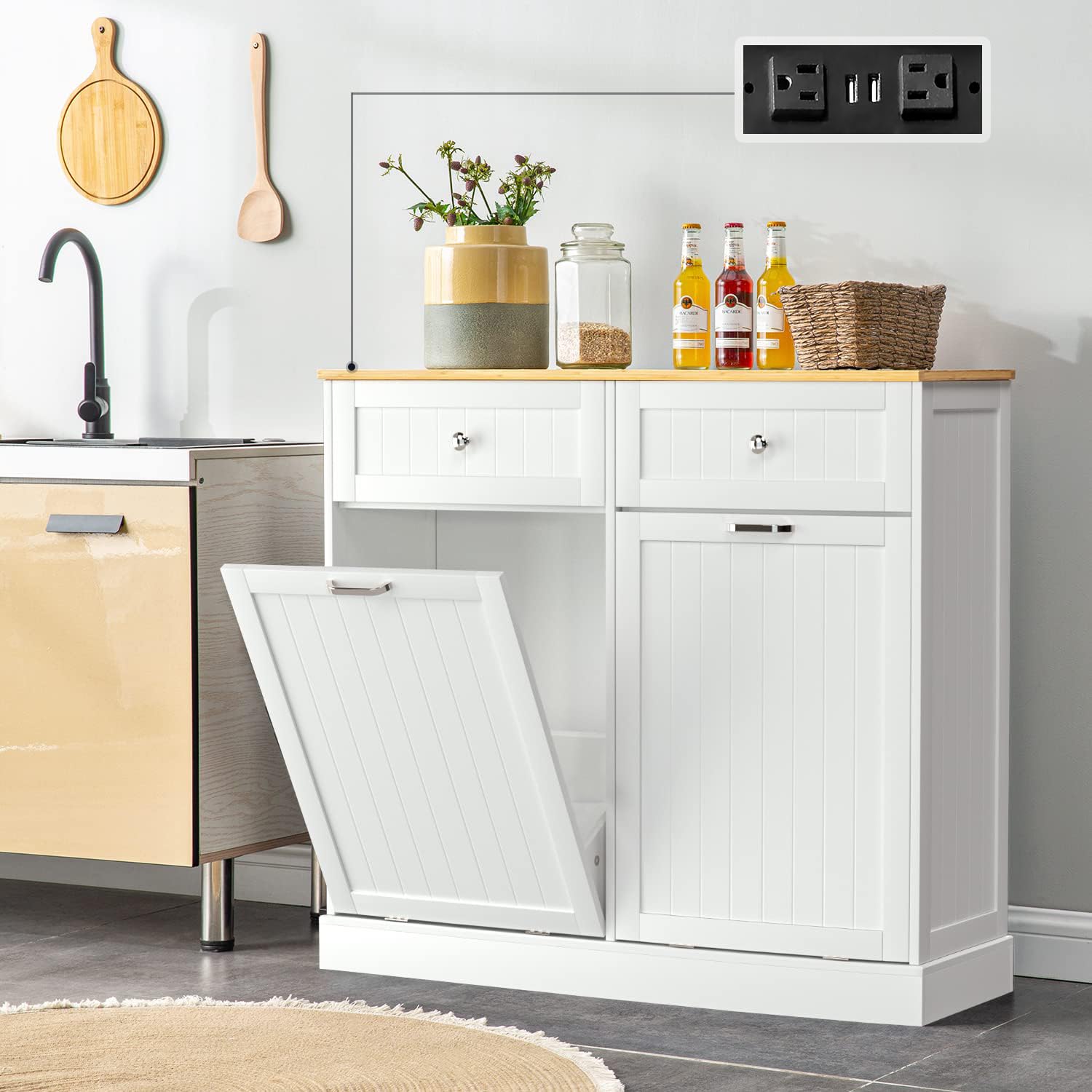 Upgraded GAZHOME 20 Gallon Double Tilt-Out Trash Cabinet with Built-in Charging Station & Hideaway Drawer - White Wooden Free-Standing Recycling Bin Organizer for Kitchen, Bathroom, or Office Use