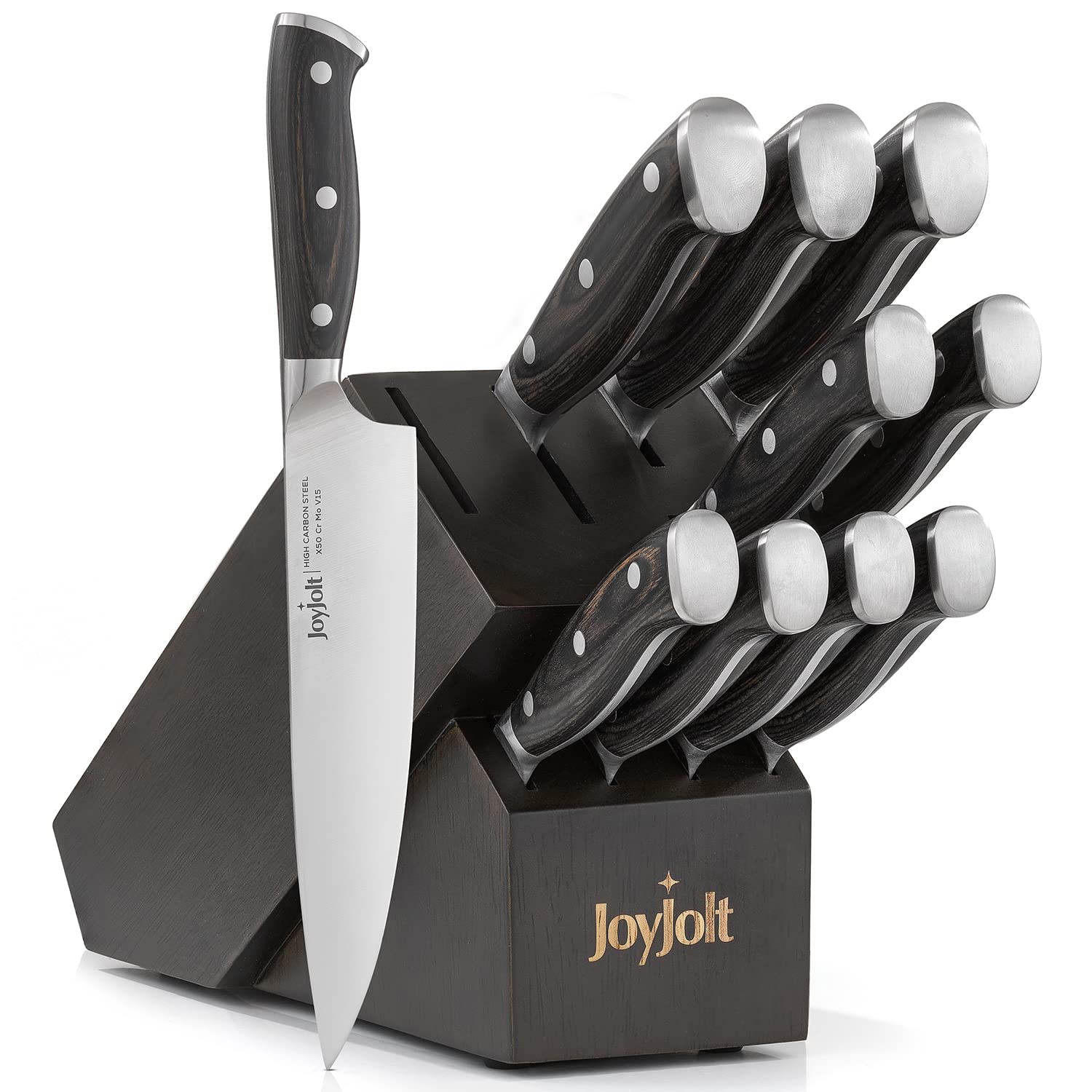 Premium JoyJolt 11-Piece German High Carbon X50 Steel Knife Set with Block - Chef, Bread, Slicing, Nakiri, Utility & Paring Knives + 4 Steak Knives - Perfect for Home Cooking, Professional Chefs & Stylish Black Kitchen Decor